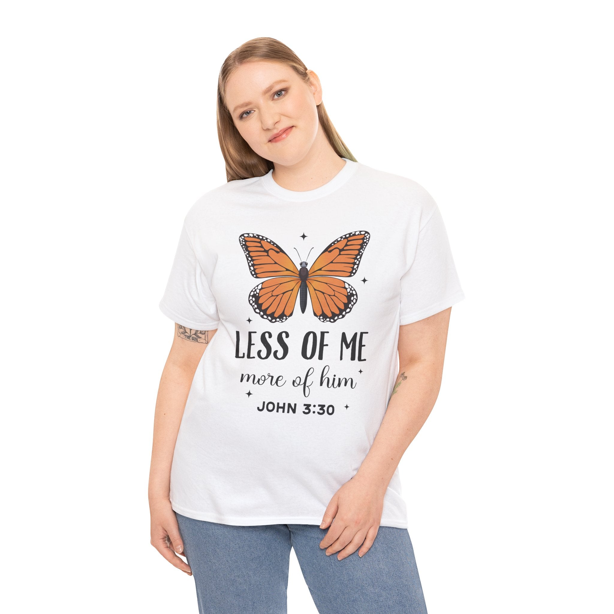 Monarch Butterfly Tee — "Less of Me, More of Him" Christian Unisex cotton T‑Shirt
