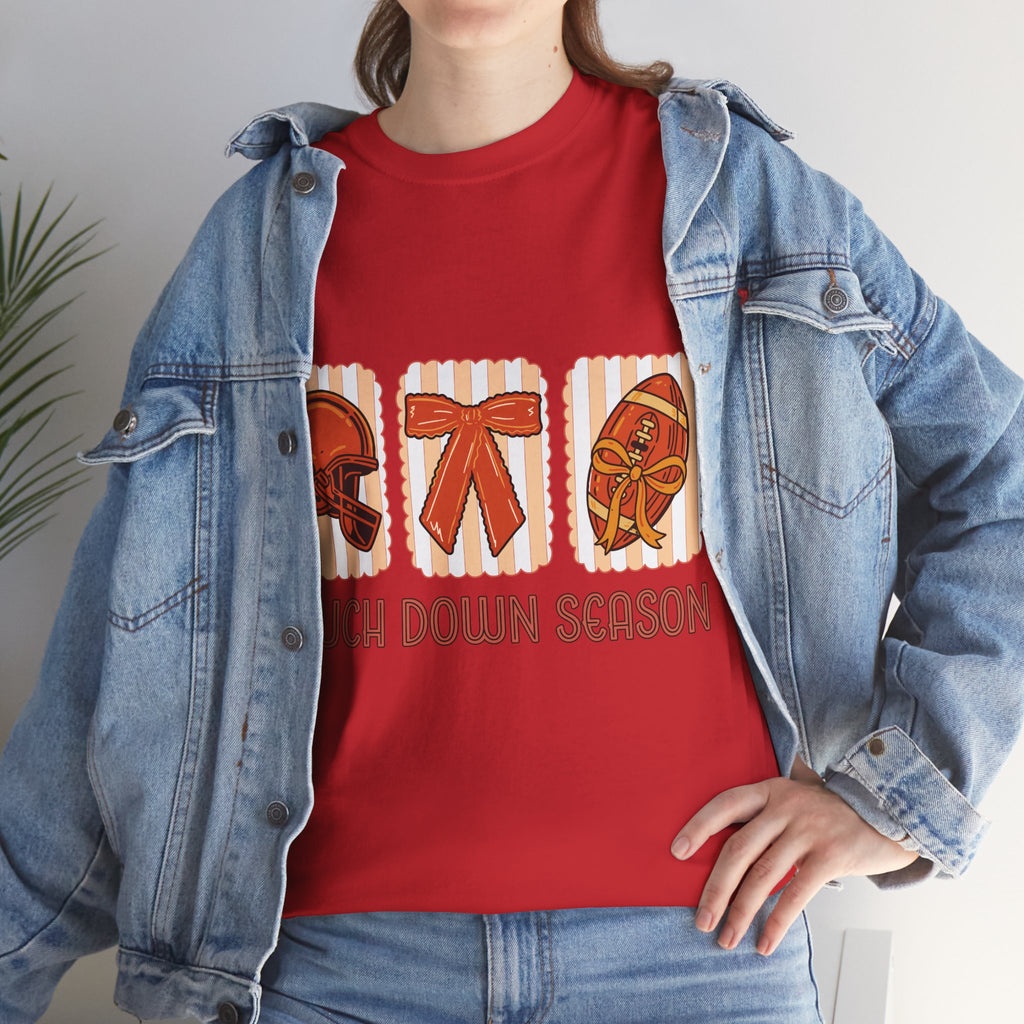 Touch Down Season Football Tee — Striped Fall Helmet & Bow Design Unisex Cotton Tee