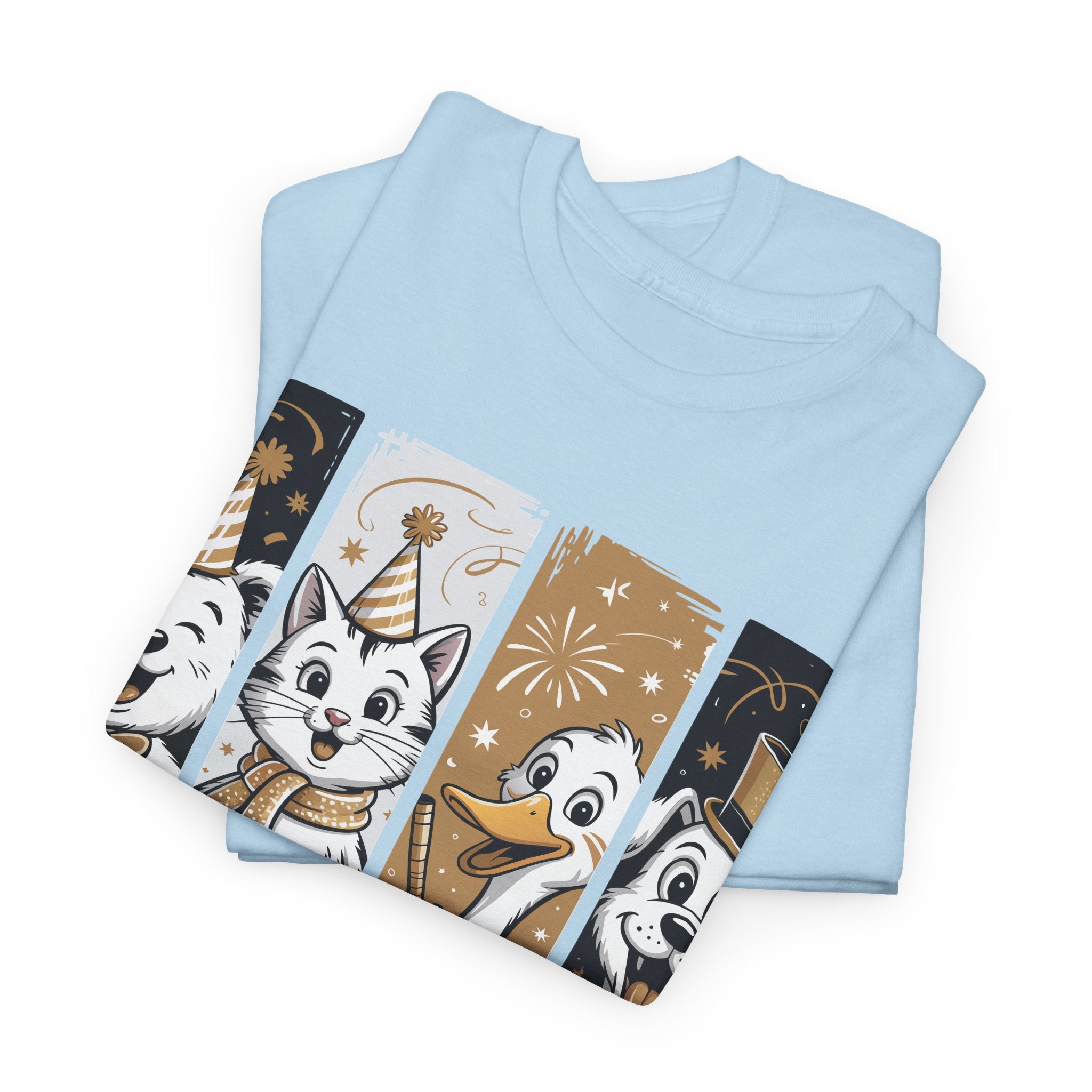 Happy New Year Party Animals T-Shirt — Cute Smiling Animals in Party Hats & Gold Fireworks..Unisex Cotton Tee