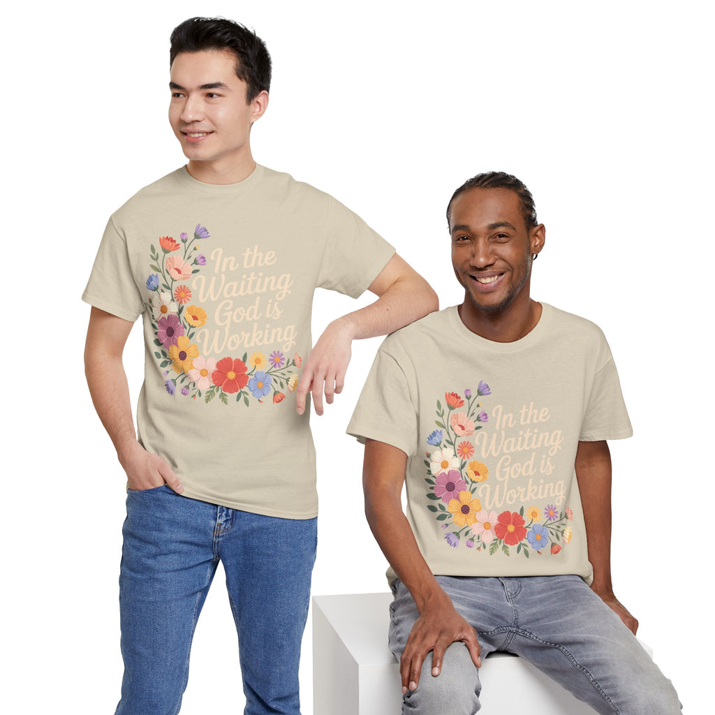 Pastel Floral “In the Waiting God Is Working” Unisex Cotton T-Shirt