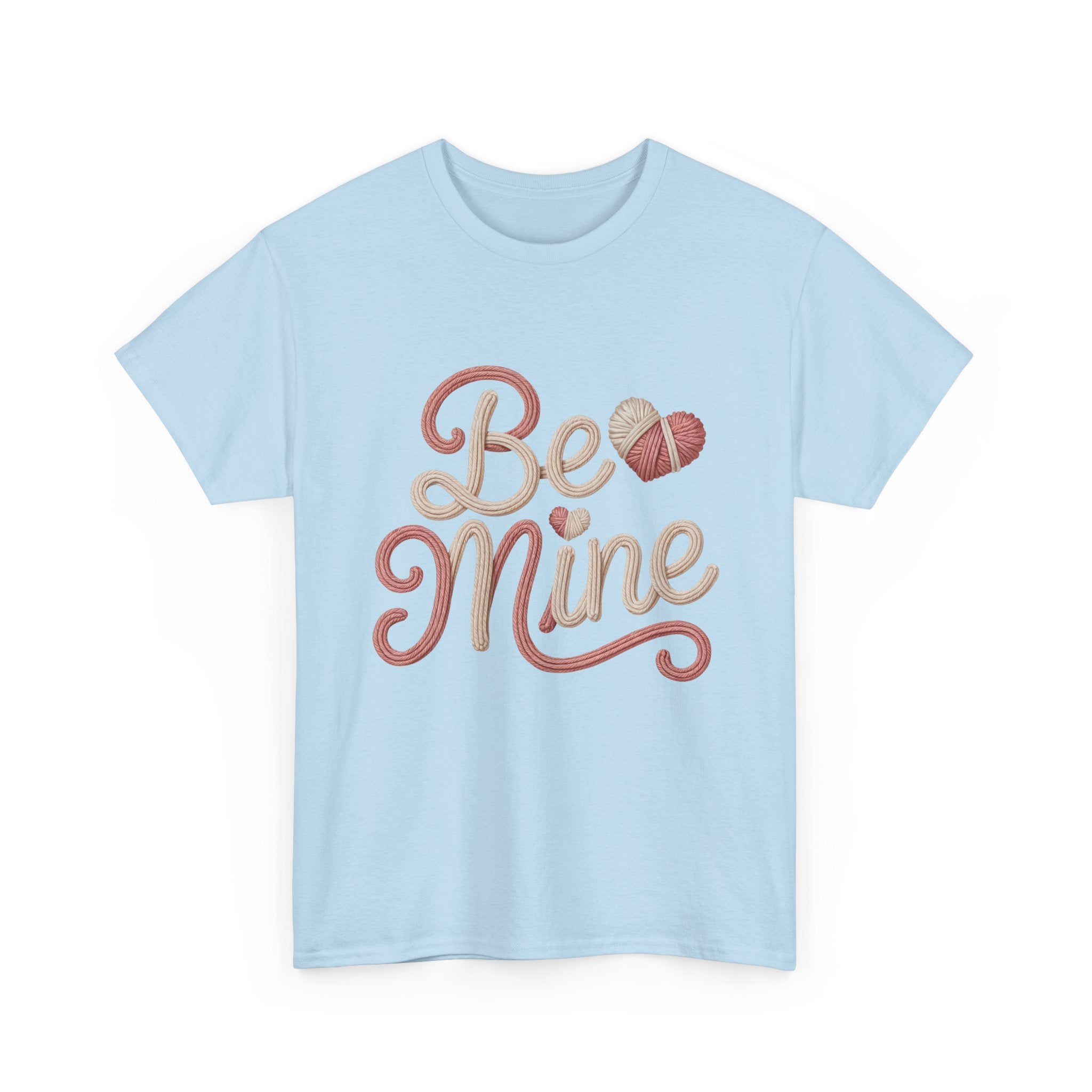 Be Mine Yarn Heart T-Shirt — Valentine’s Faux-Yarn Pink & Cream Unisex Cotton Tee