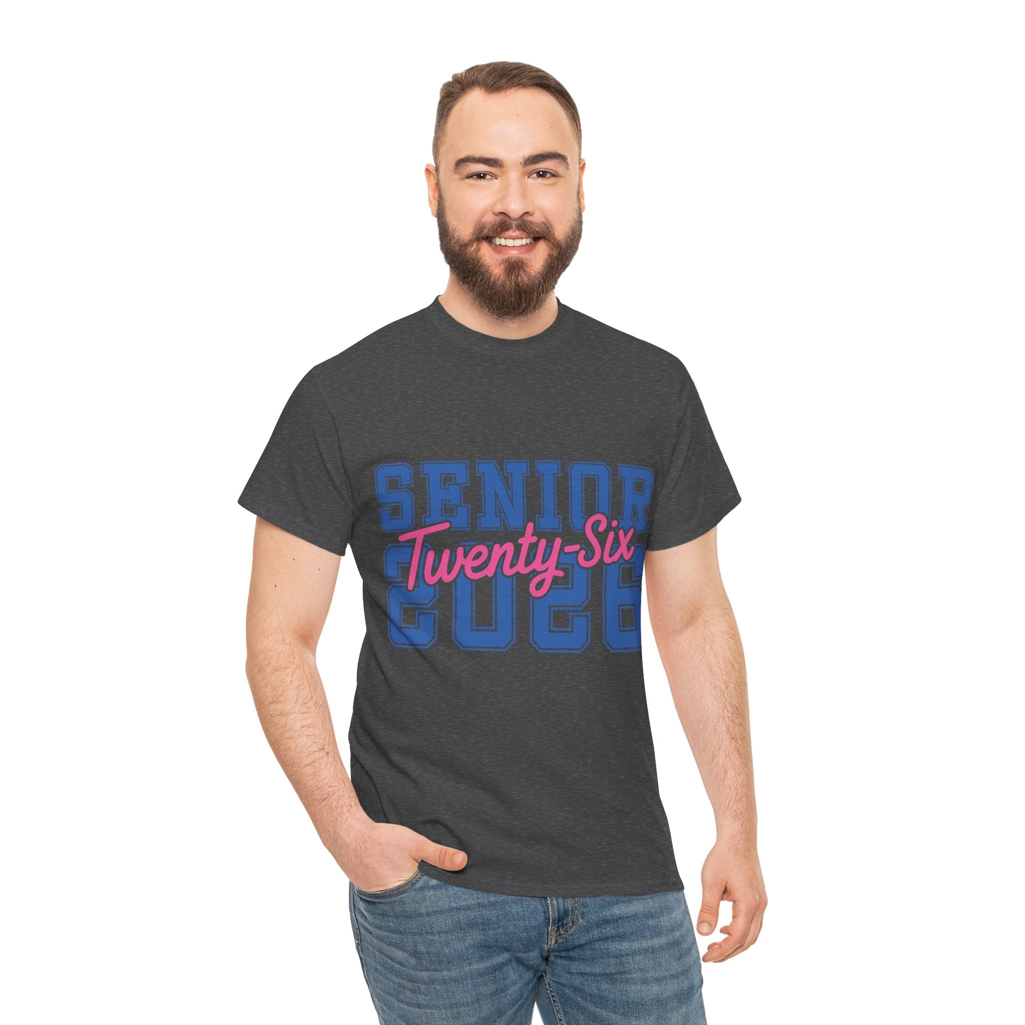 Senior 2026 Tee — Pink Varsity Block with Blue Script Overlay Unisex Cotton Tee