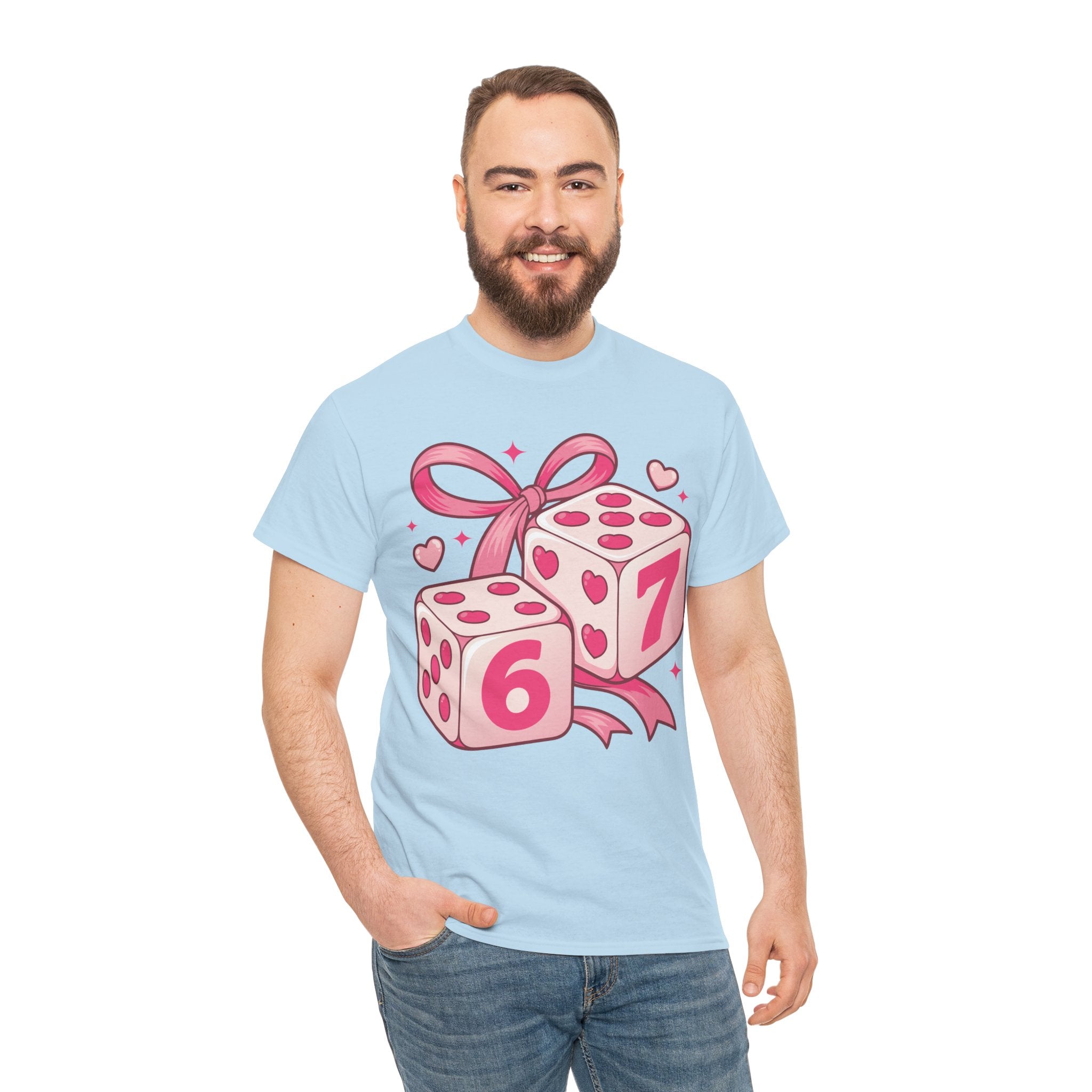 Lucky Love Dice T-Shirt — Pink Heart Dice with Bow..Unisex Cotton Tee