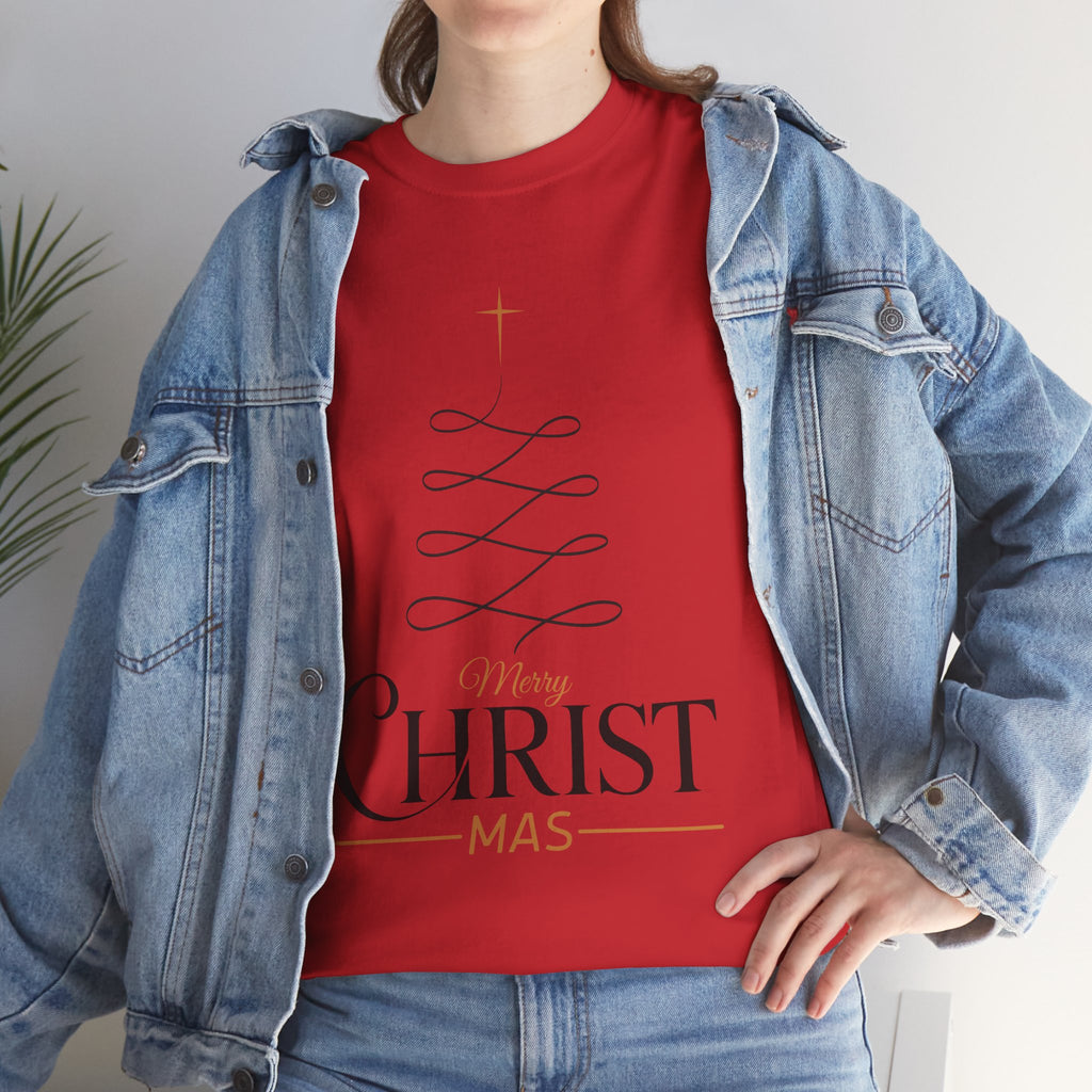 Merry Christmas Gold Cross Tree Unisex Cotton Tee