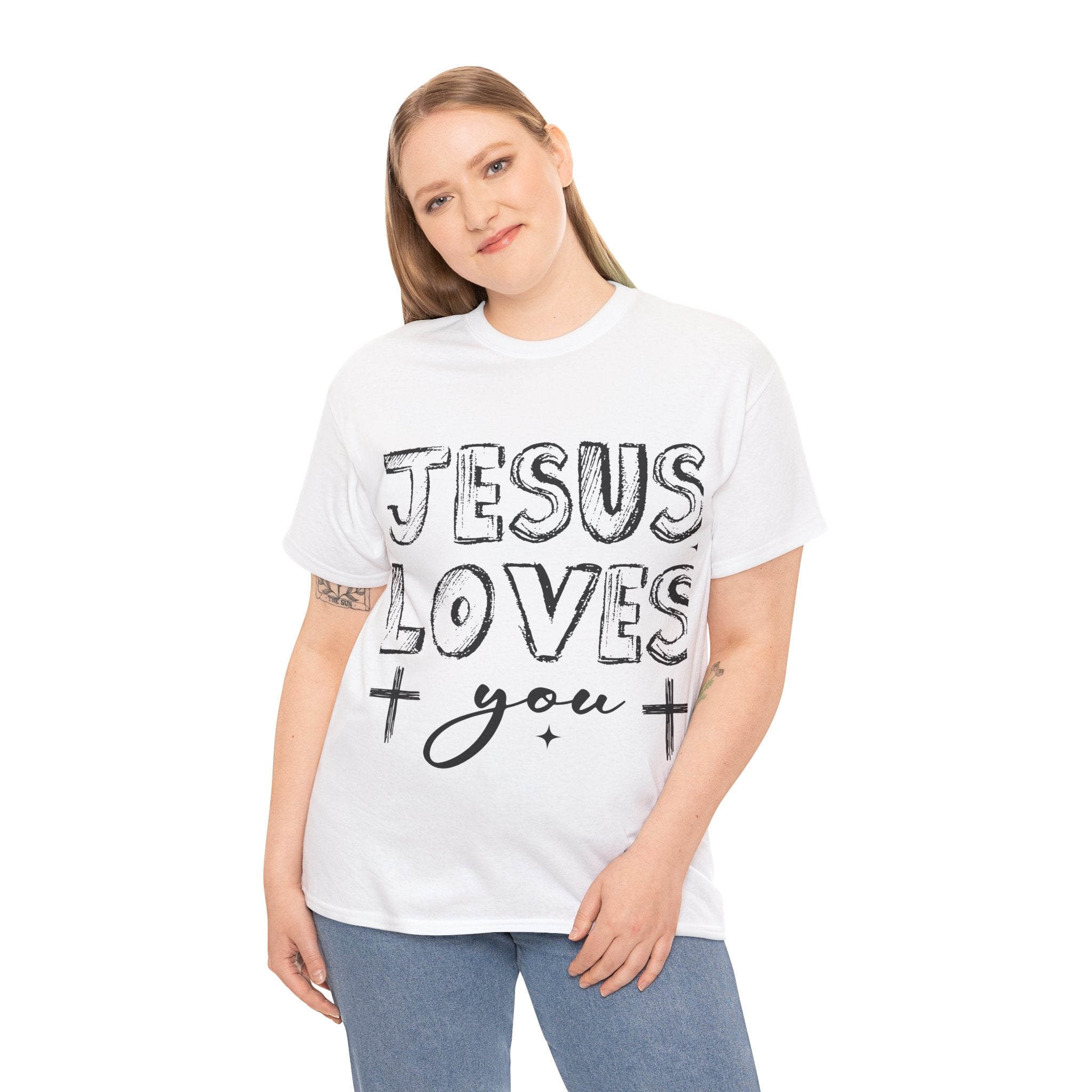 Jesus Loves You Chalk-Style Tee — Crosses & Stars Christian UNisex Cotton T-Shirt