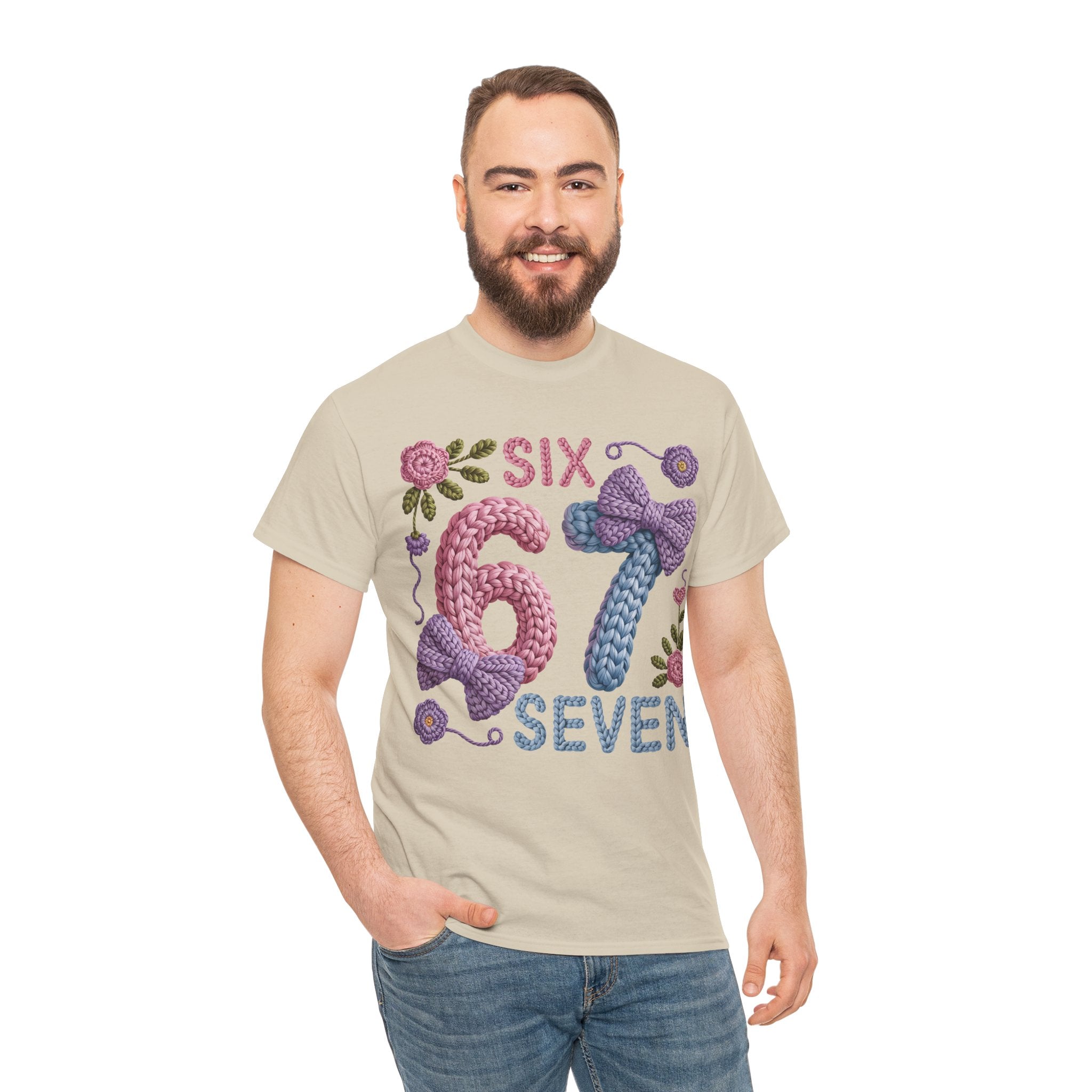 Pastel Crochet Numbers 6 & 7 Tee — Faux-Yarn Bows & Flowers. Unisex Cotton Tee
