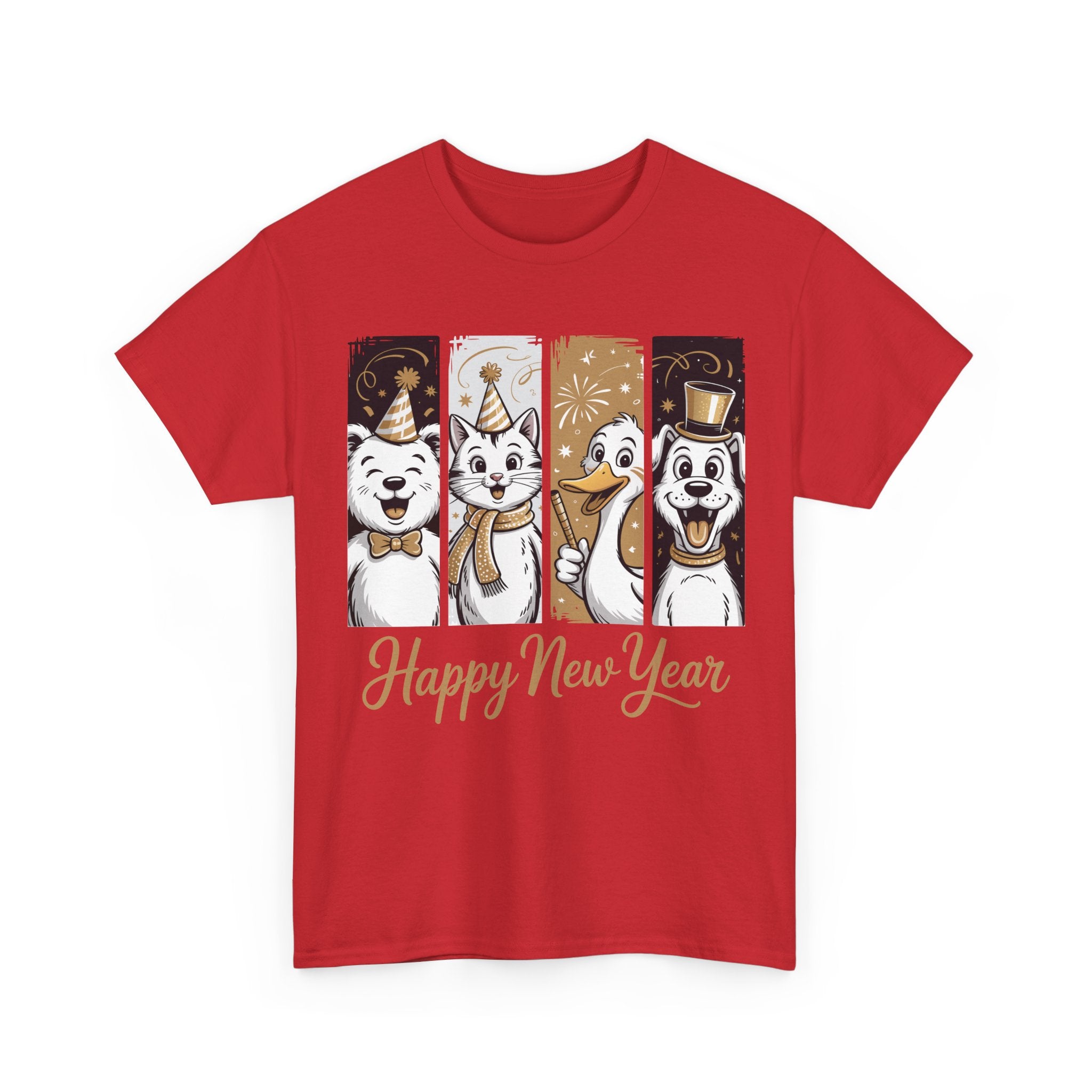 Happy New Year Party Animals T-Shirt — Cute Smiling Animals in Party Hats & Gold Fireworks..Unisex Cotton Tee