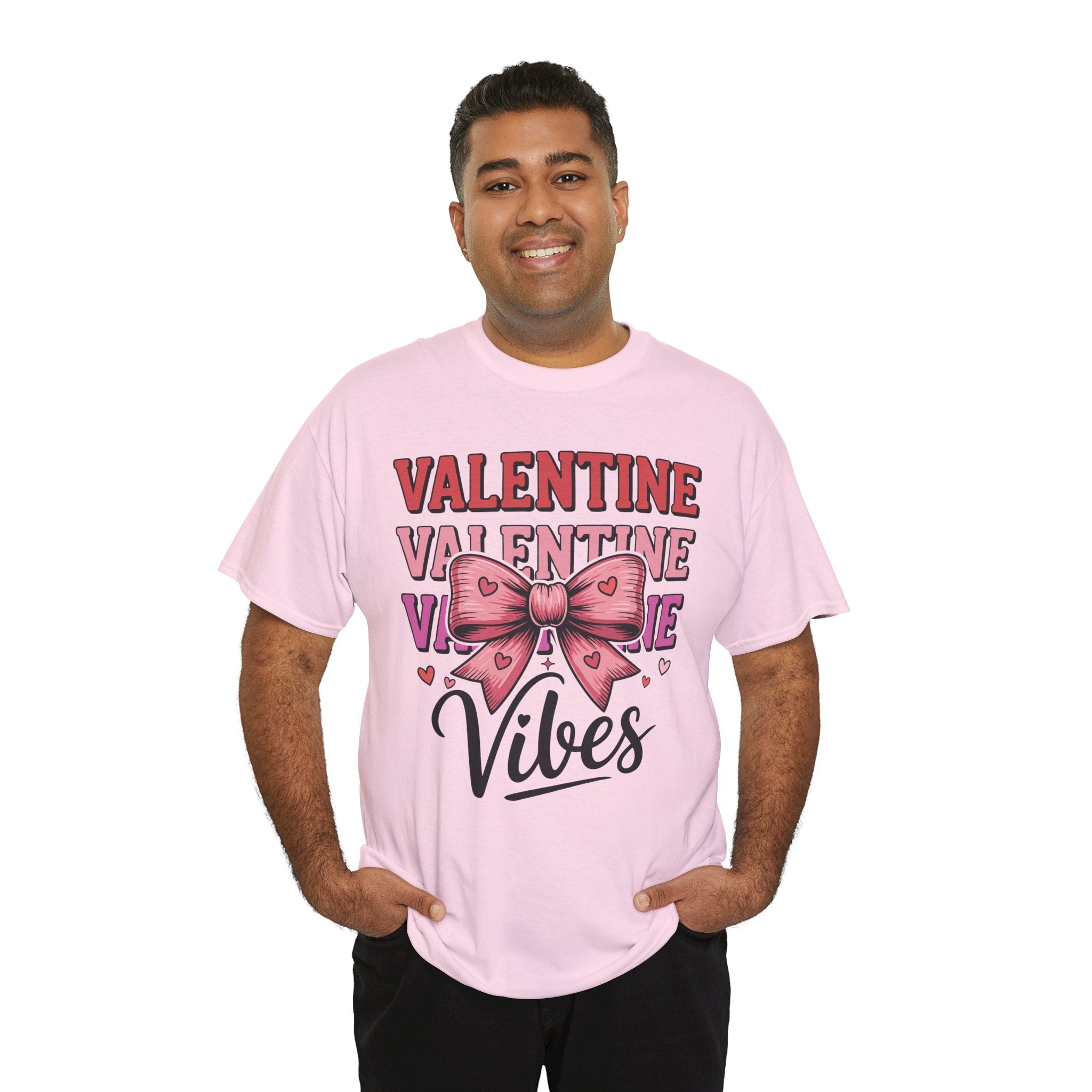 Valentine Vibes T-Shirt — Pink Bow Heart Graphic Unisex Cotton Tee