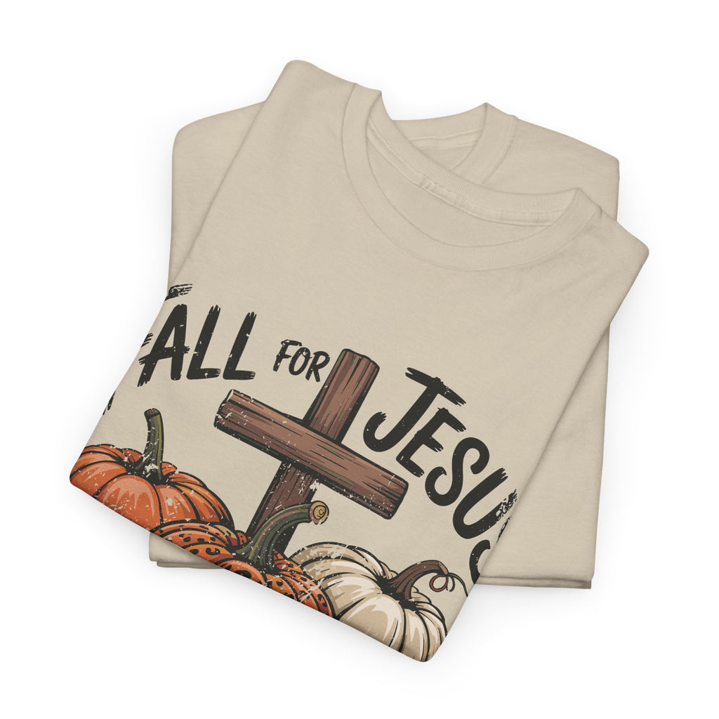 Fall for Jesus Pumpkin Cross Tee — "He Never Leaves" Autumn Christian Unisex Cotton T-Shirt