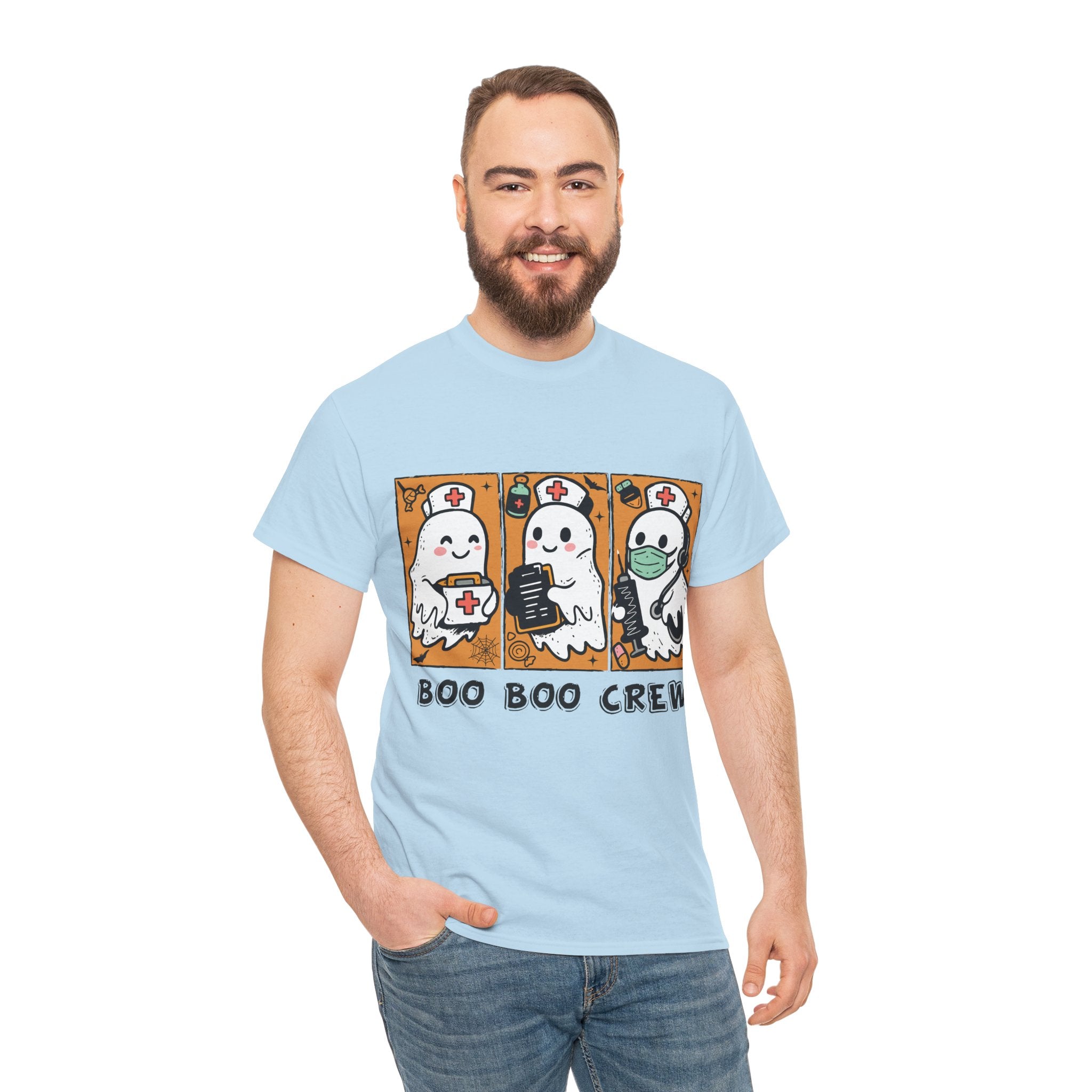 Halloween Nurse T-Shirt — Ghost Nurses Holding Medical Tools on Orange Unisec Cotton Tee