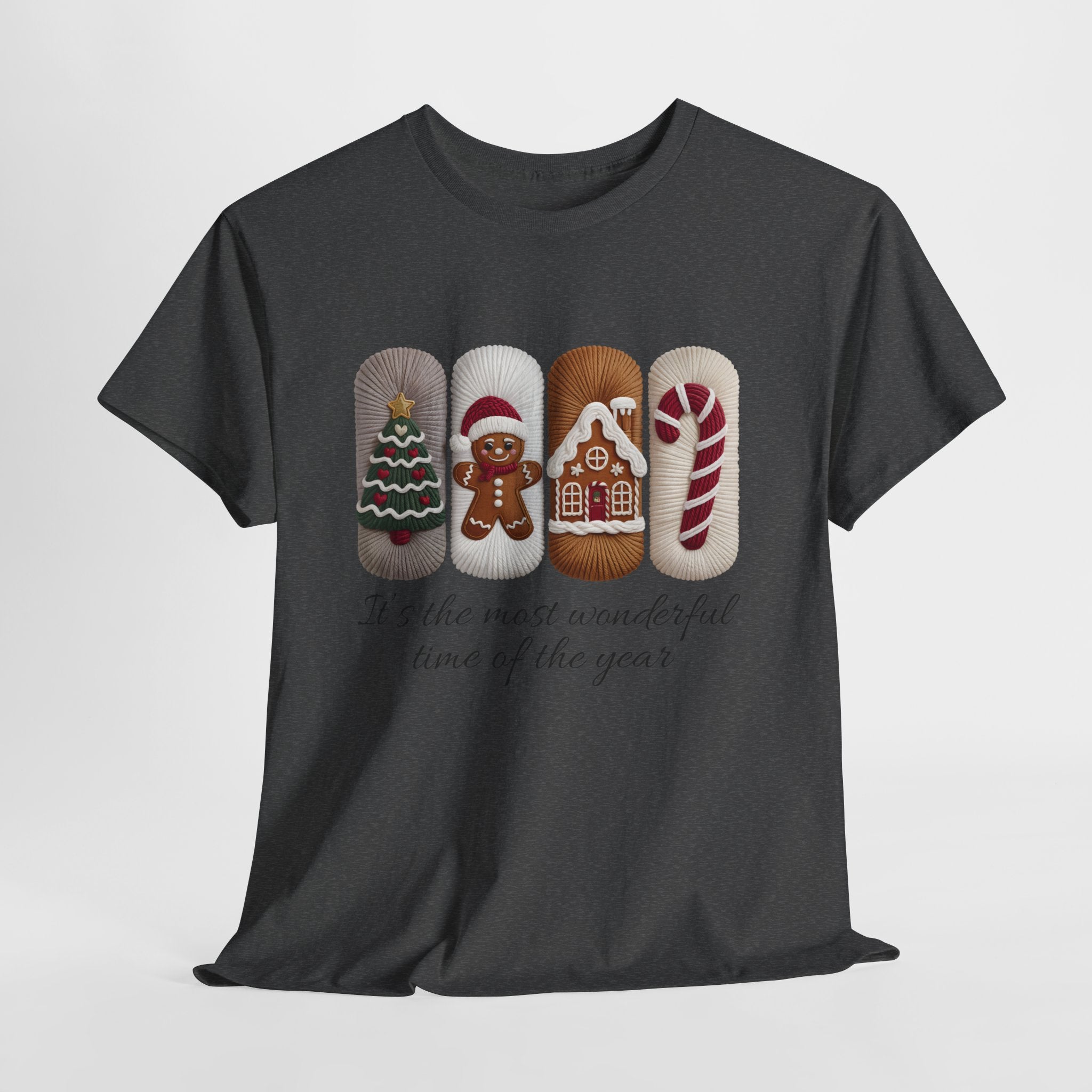 Christmas Faux-Yarn Tree Tee — Gingerbread House & Candy Cane Holiday Unisex Cotton T-Shirt