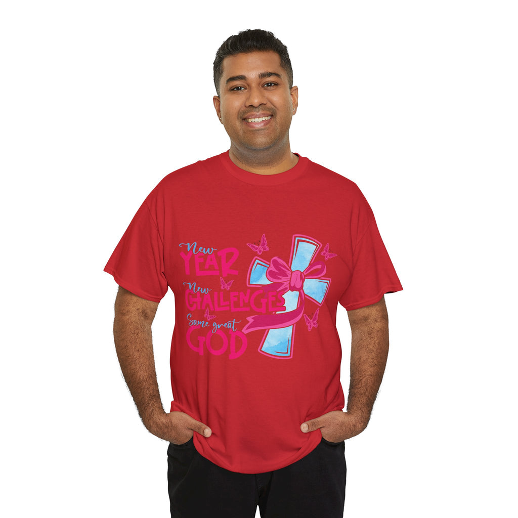 Christian T-Shirt — “New Year, New Challenges, Same Great God” with Pink Bow Cross & Butterflies. Unisex Cotton Tee