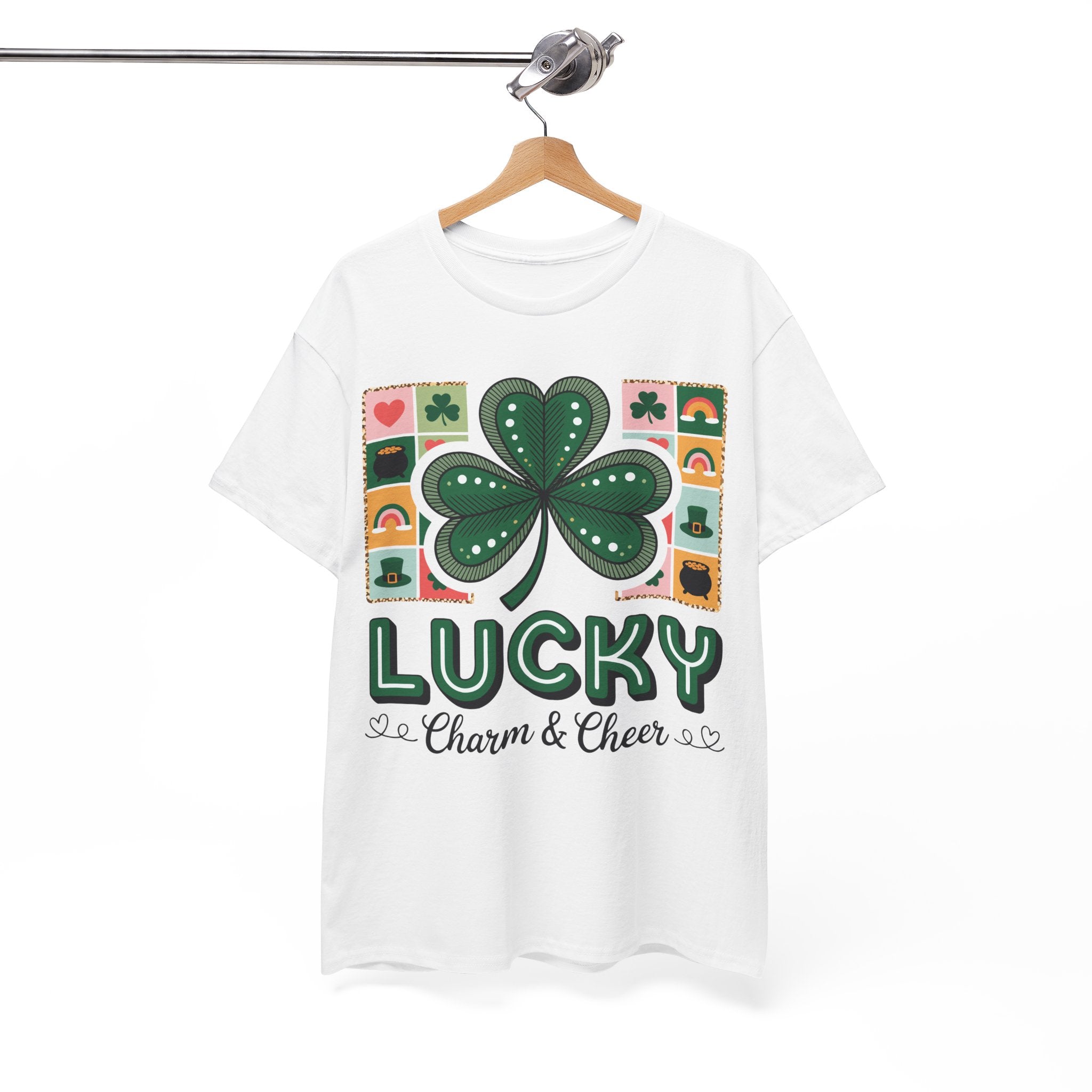 Lucky Charm & Cheer Clover Tee — Patchwork St. Patrick’s Day Unisex Cotton T-Shirt