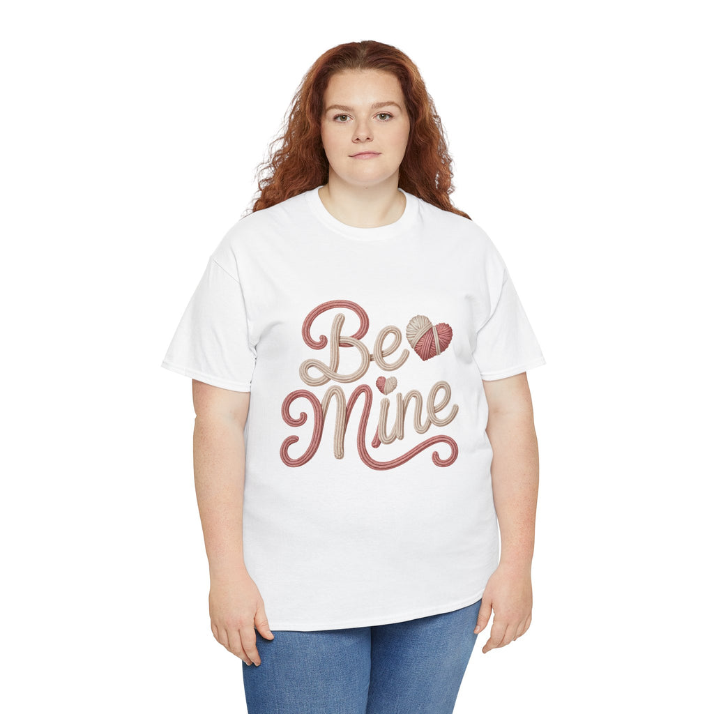 Be Mine Yarn Heart T-Shirt — Valentine’s Faux-Yarn Pink & Cream Unisex Cotton Tee