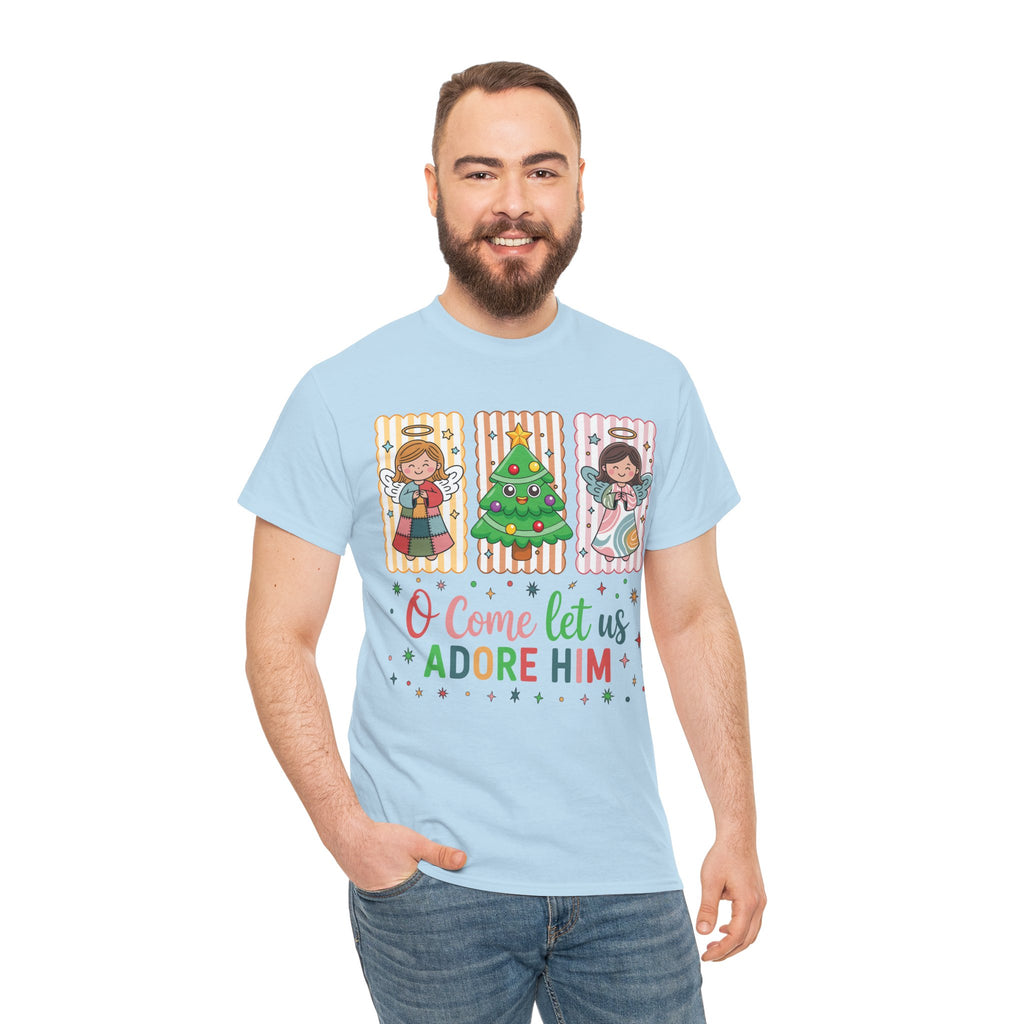 O Come Let Us Adore Him Christmas Tee — Smiling Angels & Happy Tree..Unisex Cotton Tee