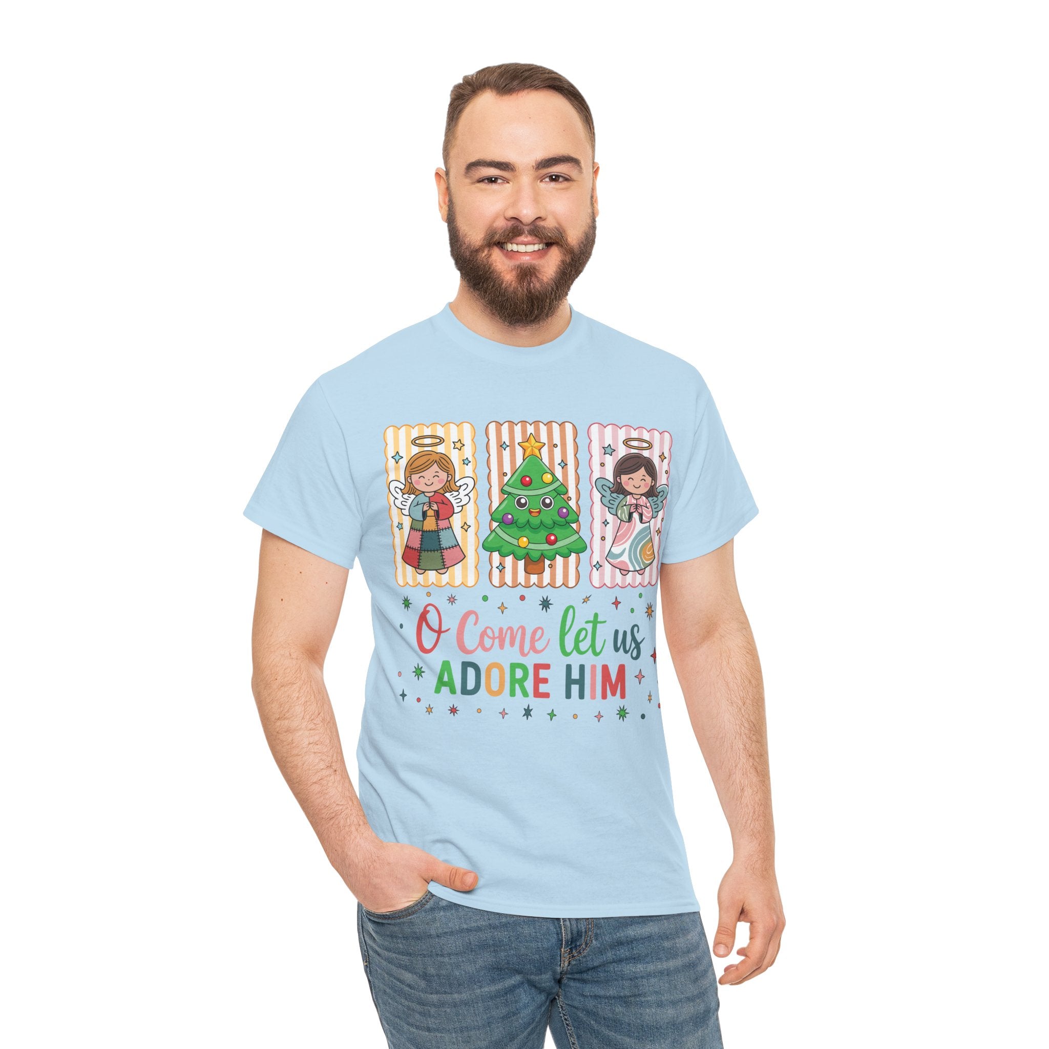 O Come Let Us Adore Him Christmas Tee — Smiling Angels & Happy Tree..Unisex Cotton Tee