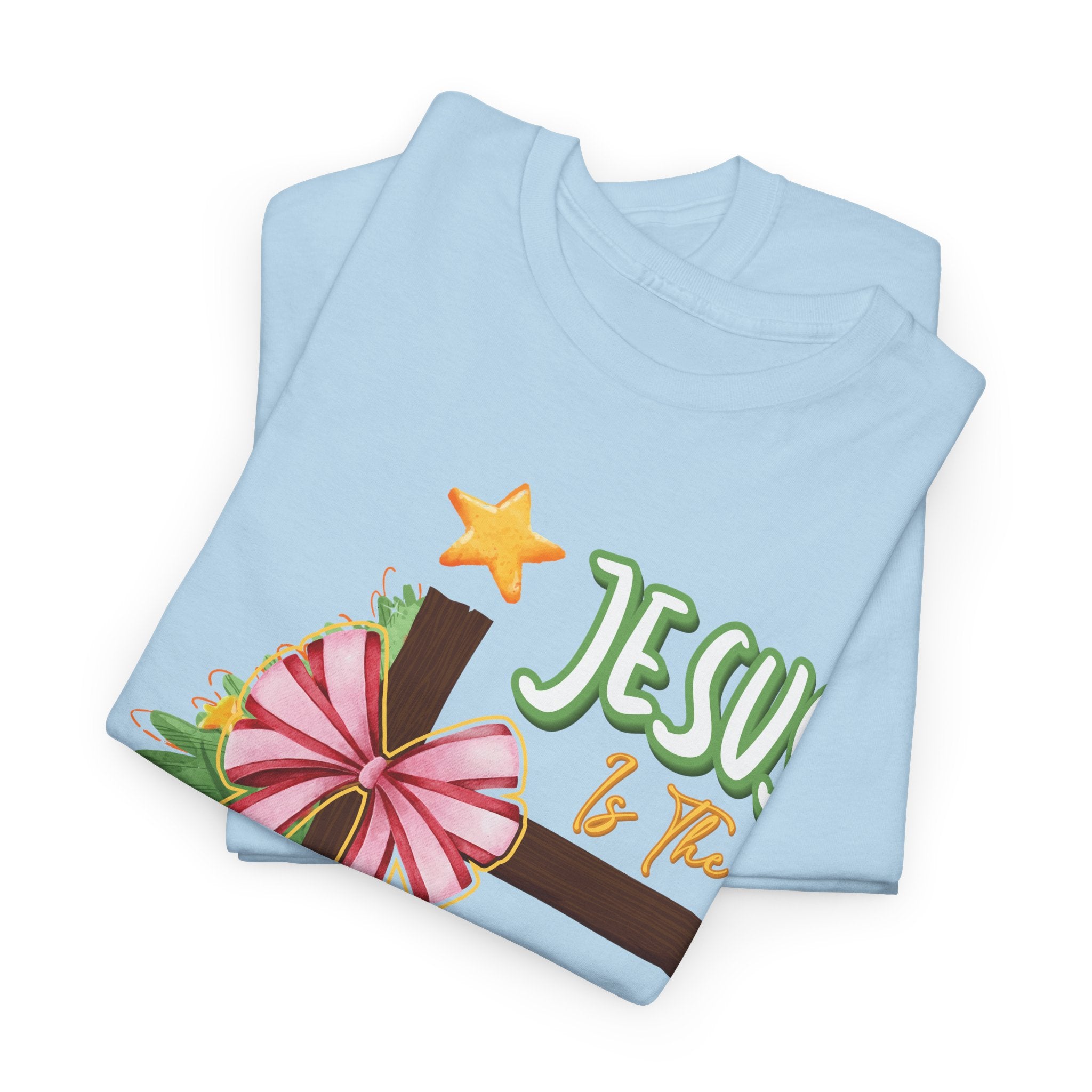 Jesus Is the Reason for the Season Christmas Tee — Cross with Pink Bow & Tree. Unisex Cotton Tee