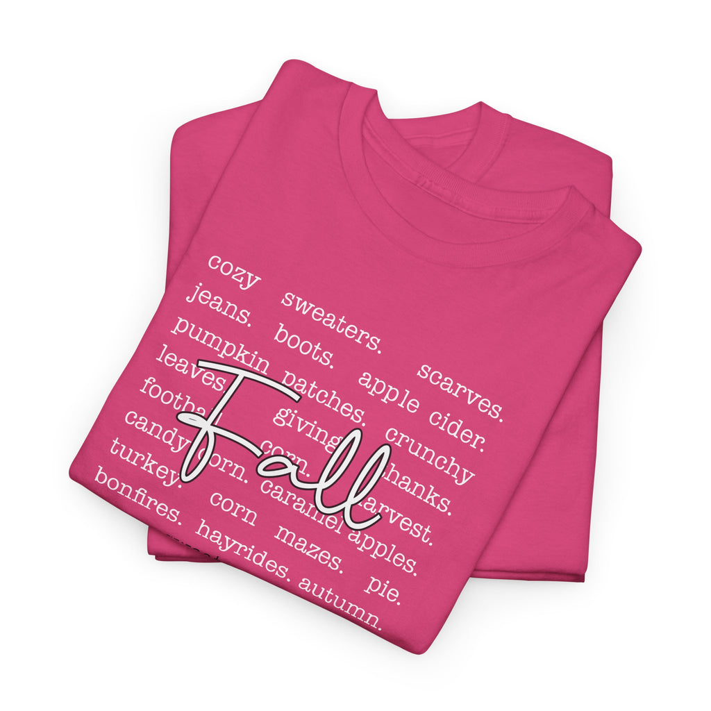 Fall Cursive Typography T-Shirt — Sweaters, Cider & Pumpkins. Unisex Cotton Tee