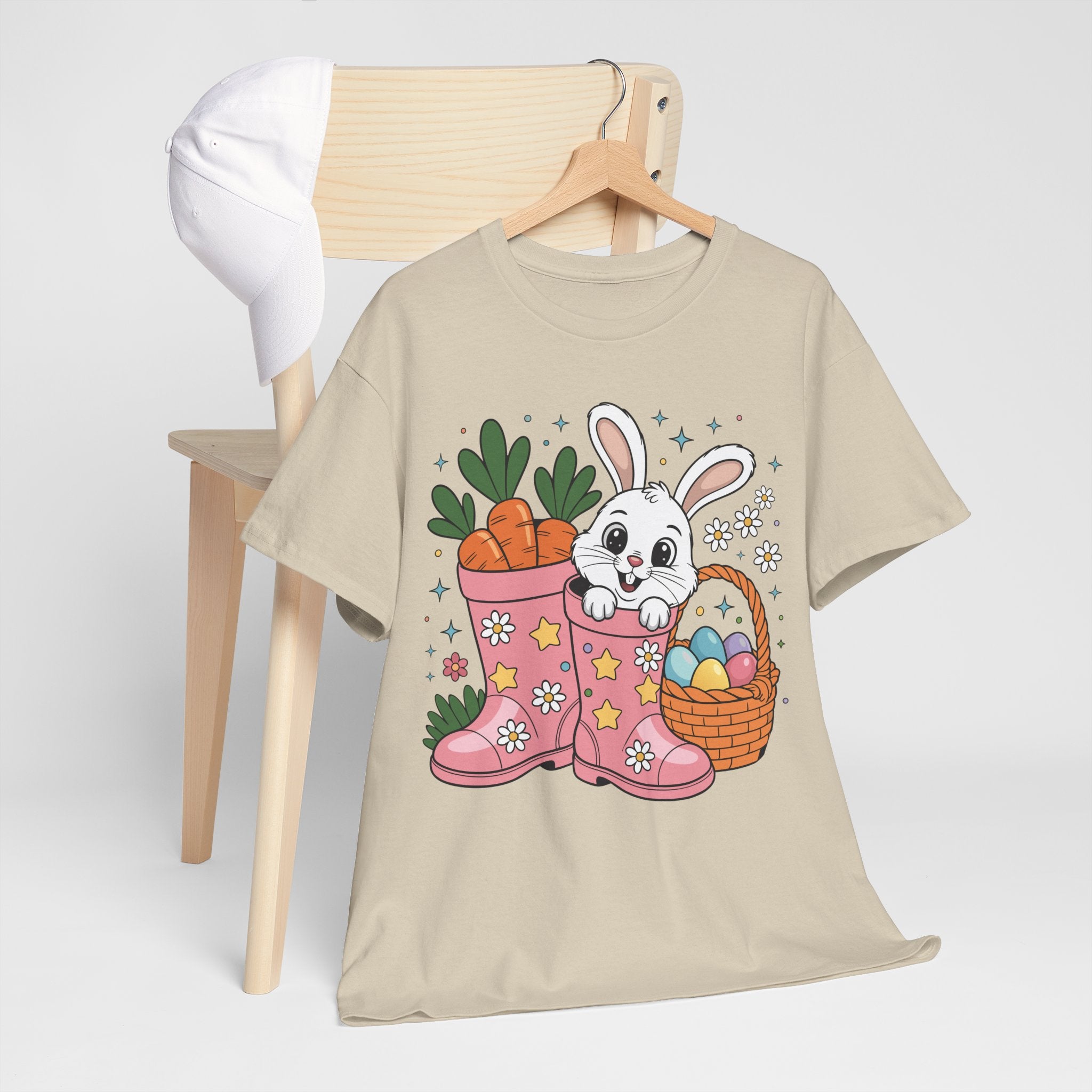 Easter Bunny in Pink Rain Boots T-Shirt — Cartoon Bunny, Carrots & Colorful Eggs Unisex Cotton Tee