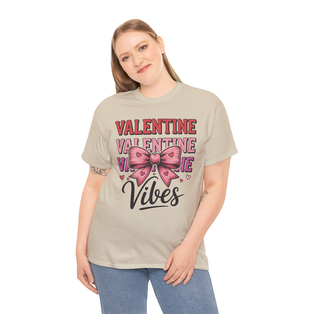 Valentine Vibes T-Shirt — Pink Bow Heart Graphic Unisex Cotton Tee