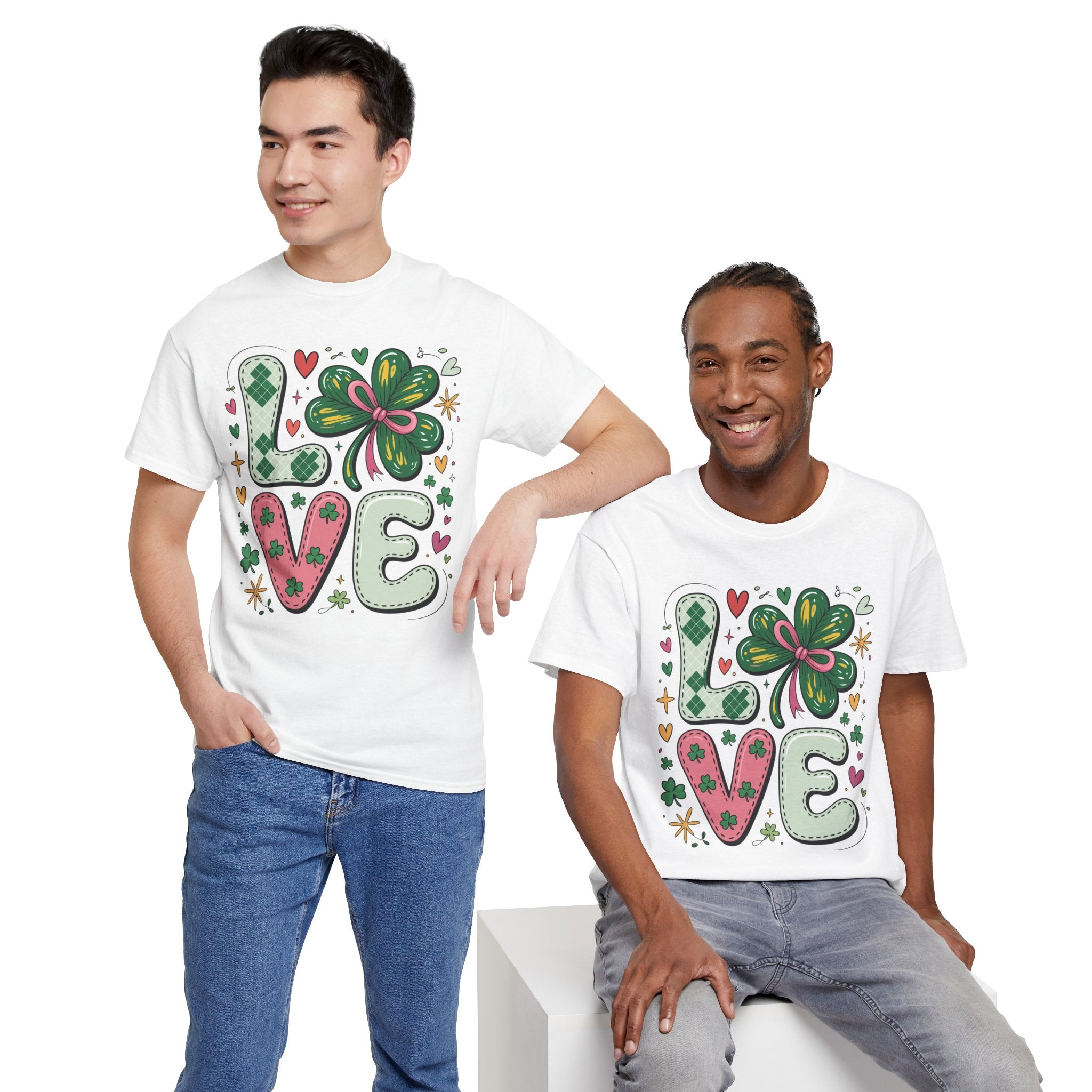 Stitched Clover 'LOVE' Tee — Heart & Patchwork St. Patrick's Unisex Cotton T-Shirt