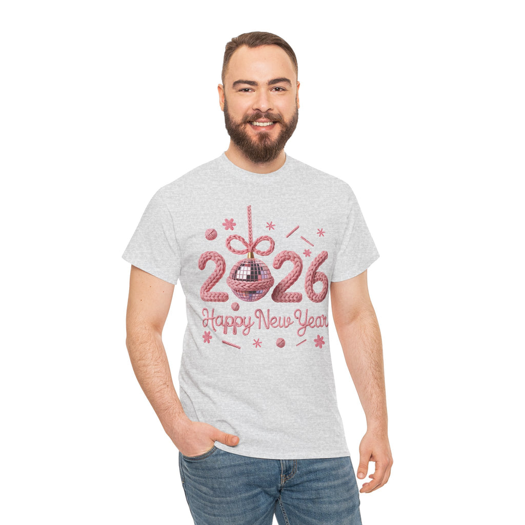 2026 Happy New Year Pink Knitted Disco Ball Unisex Cotton Tee