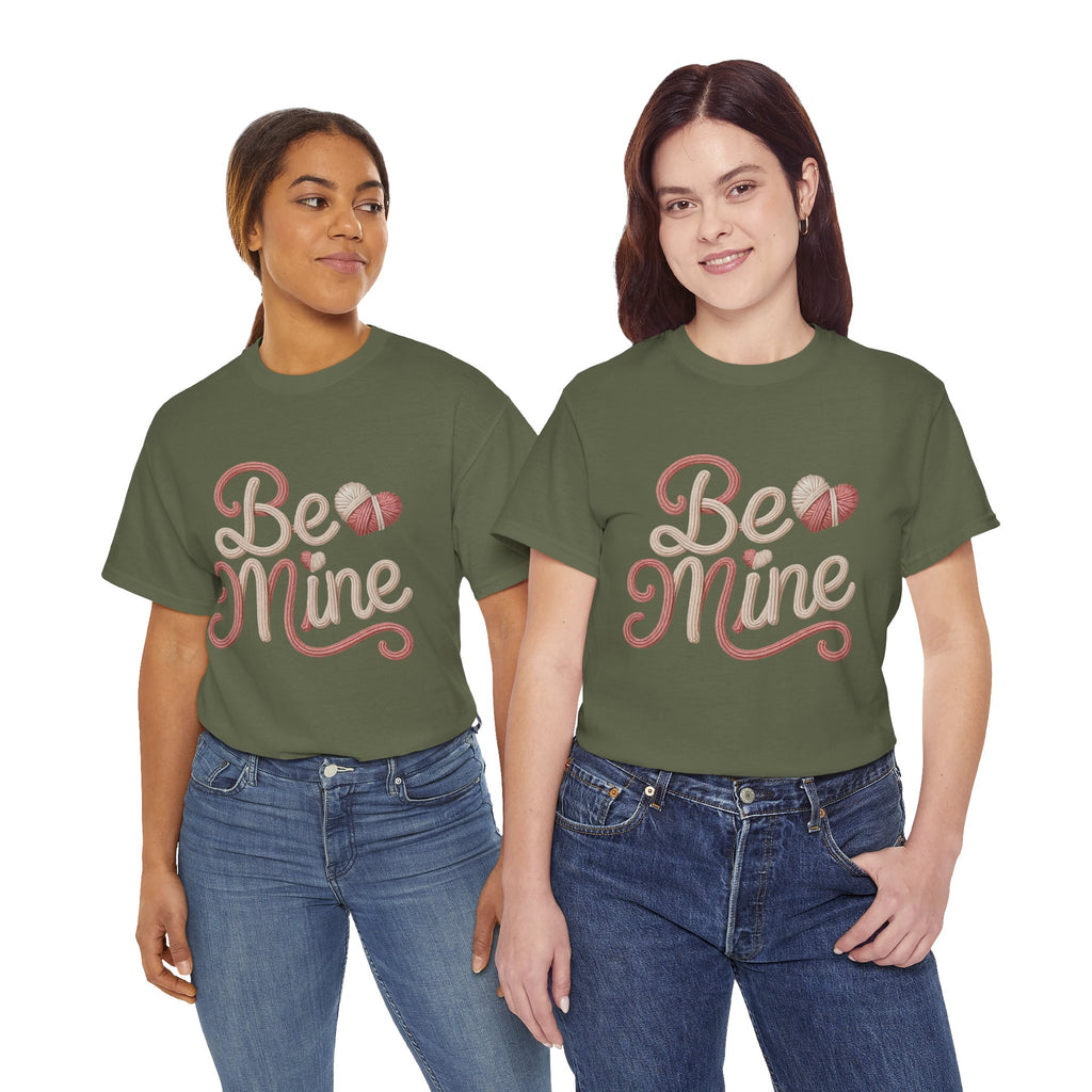 Be Mine Yarn Heart T-Shirt — Valentine’s Faux-Yarn Pink & Cream Unisex Cotton Tee