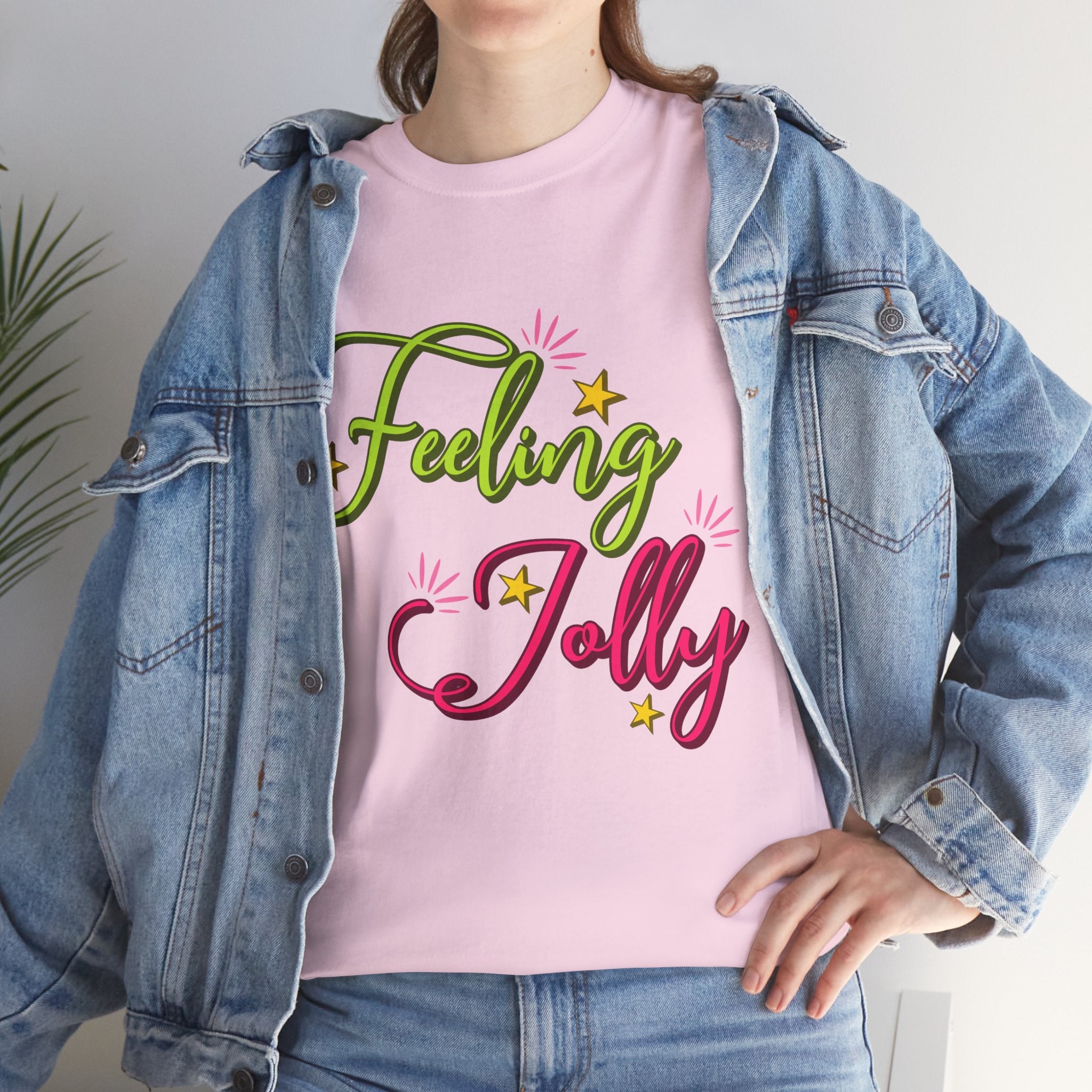 Feeling Jolly Tee — Festive Green & Pink Script with Yellow Stars Unisex Cotton Tee