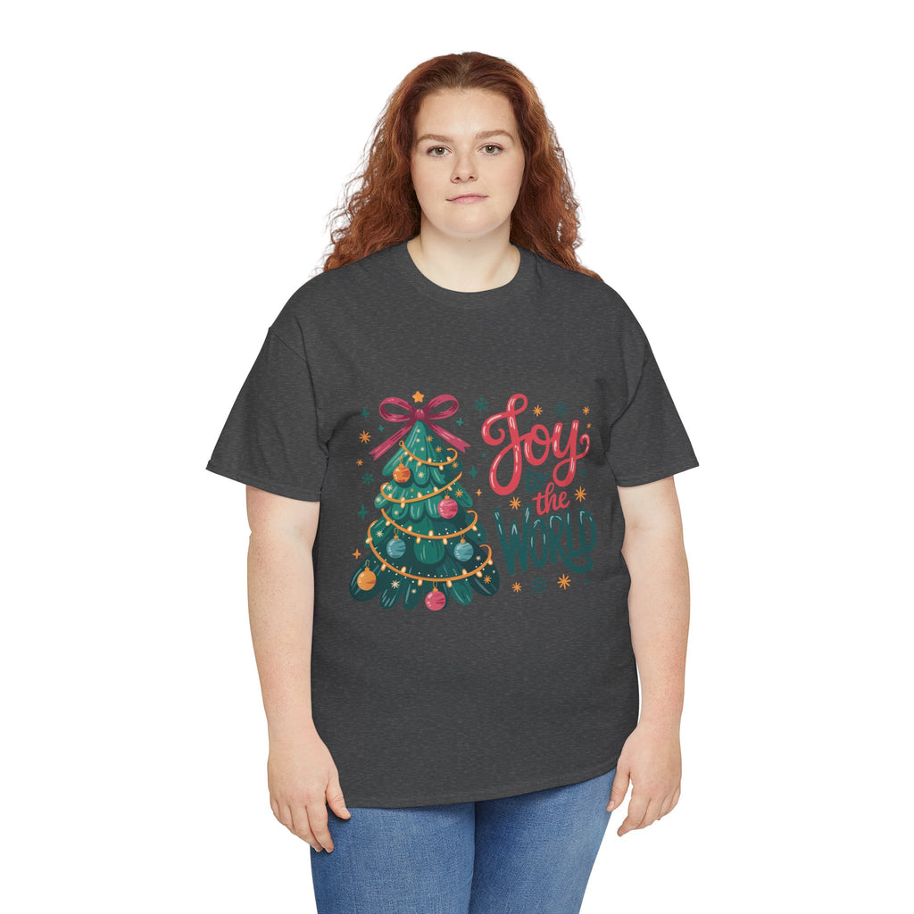 Joy to the World Christmas Tee — Festive Tree with Pink Bow..Unisex Cotton Tee