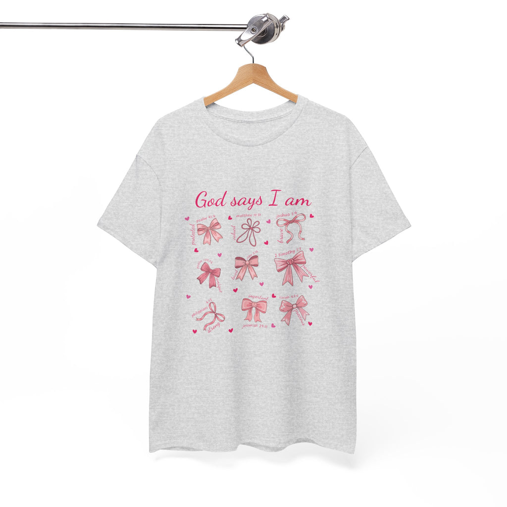 God Says I Am Christian Tee — Pink Affirmation T-Shirt with Bible Verse Bows.Unisex Cotton Tee
