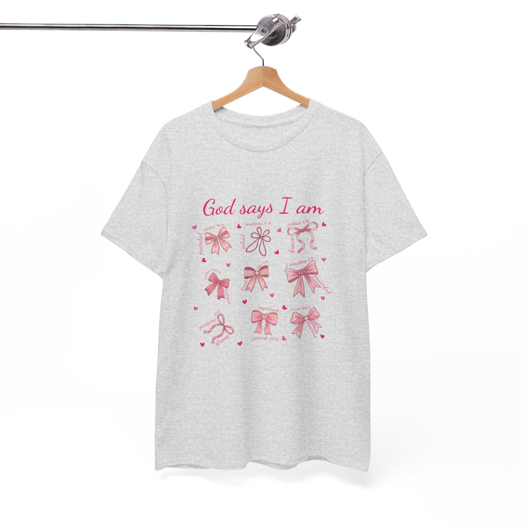 God Says I Am Pink Bow Tee — Faith-Based 'Loved, Brave, Strong' Unisex Cotton Shirt