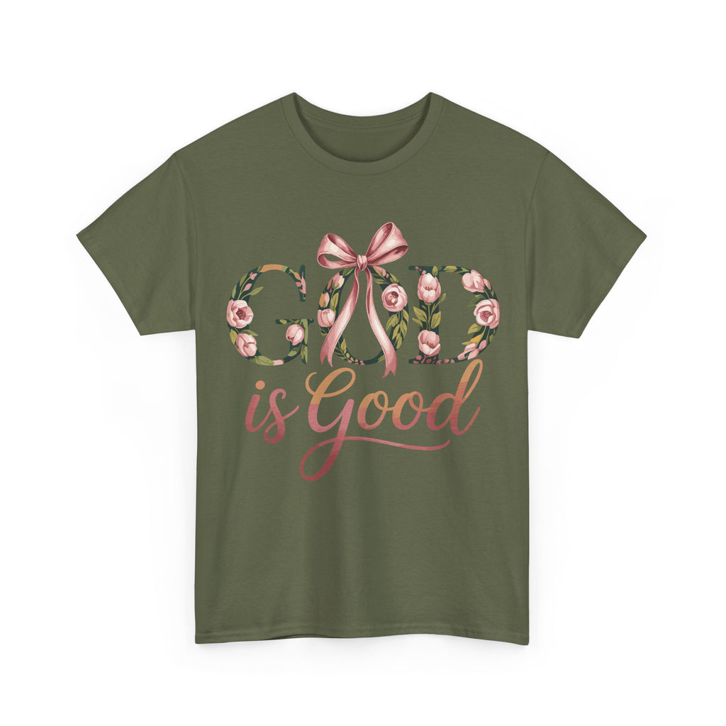 God Is Good Pink Rose Tee — Floral Ribbon Faith Unisex Cotton T-Shirt