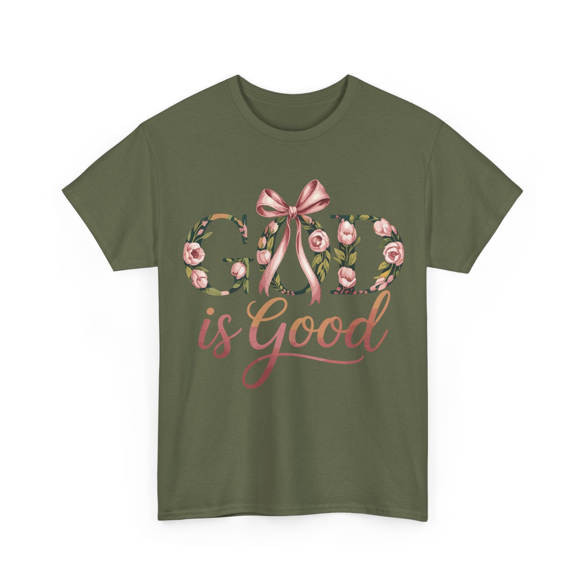 God Is Good Pink Rose Tee — Floral Ribbon Faith Unisex Cotton T-Shirt