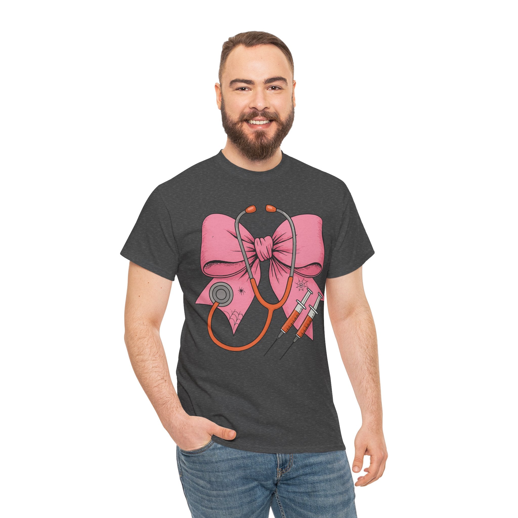 Halloween Nurse T‑Shirt — Pink Nurse Bow with Stethoscope, Syringes & Spider Webs..Unisex Cotton Tee