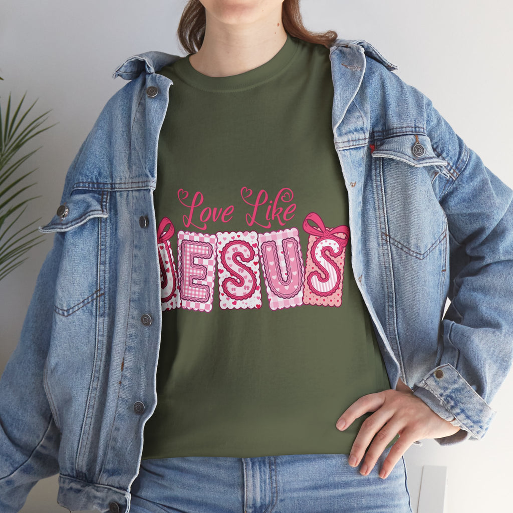 Love Like Jesus Patchwork Tee — Pink Stitched Heart Graphic.Unisex Cotton Tee