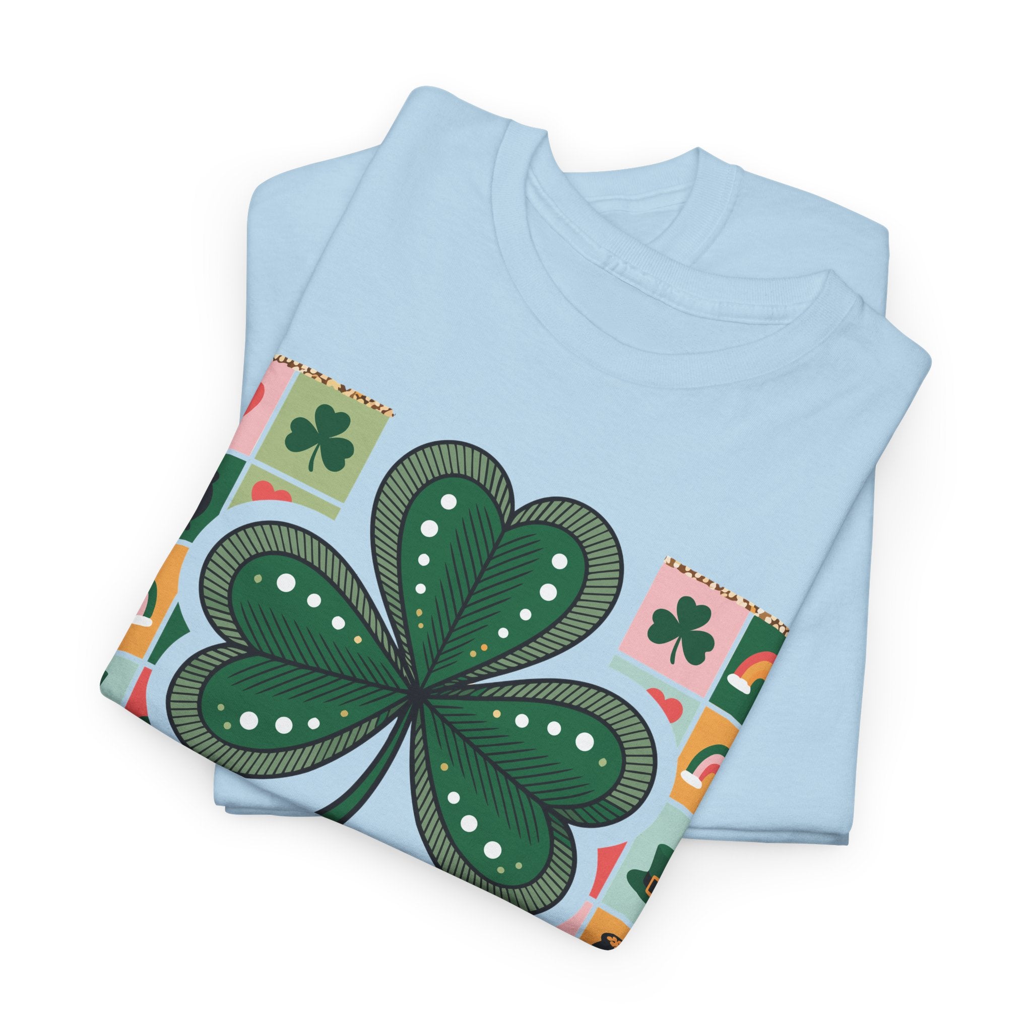 Lucky Charm & Cheer Clover Tee — Patchwork St. Patrick’s Day Unisex Cotton T-Shirt