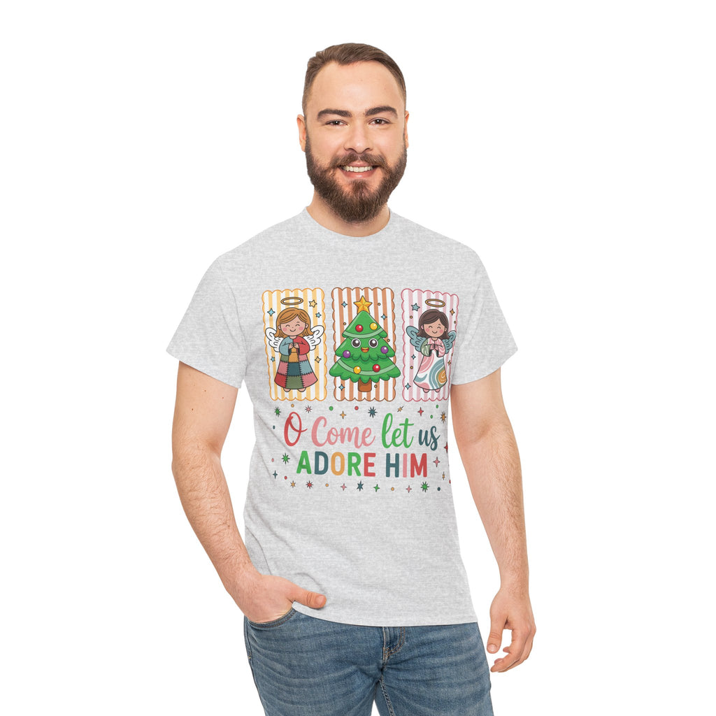 O Come Let Us Adore Him Christmas Tee — Smiling Angels & Happy Tree..Unisex Cotton Tee