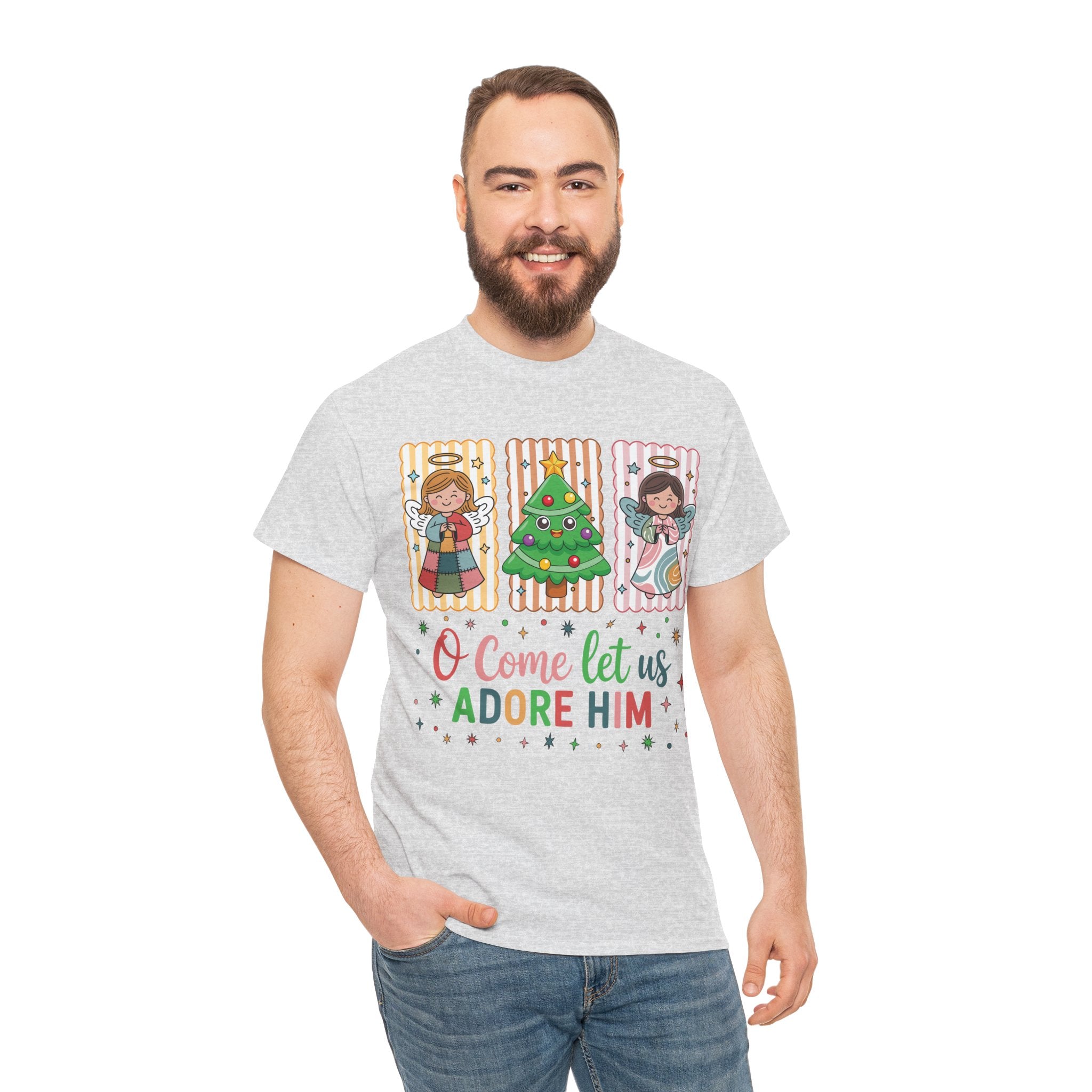O Come Let Us Adore Him Christmas Tee — Smiling Angels & Happy Tree..Unisex Cotton Tee