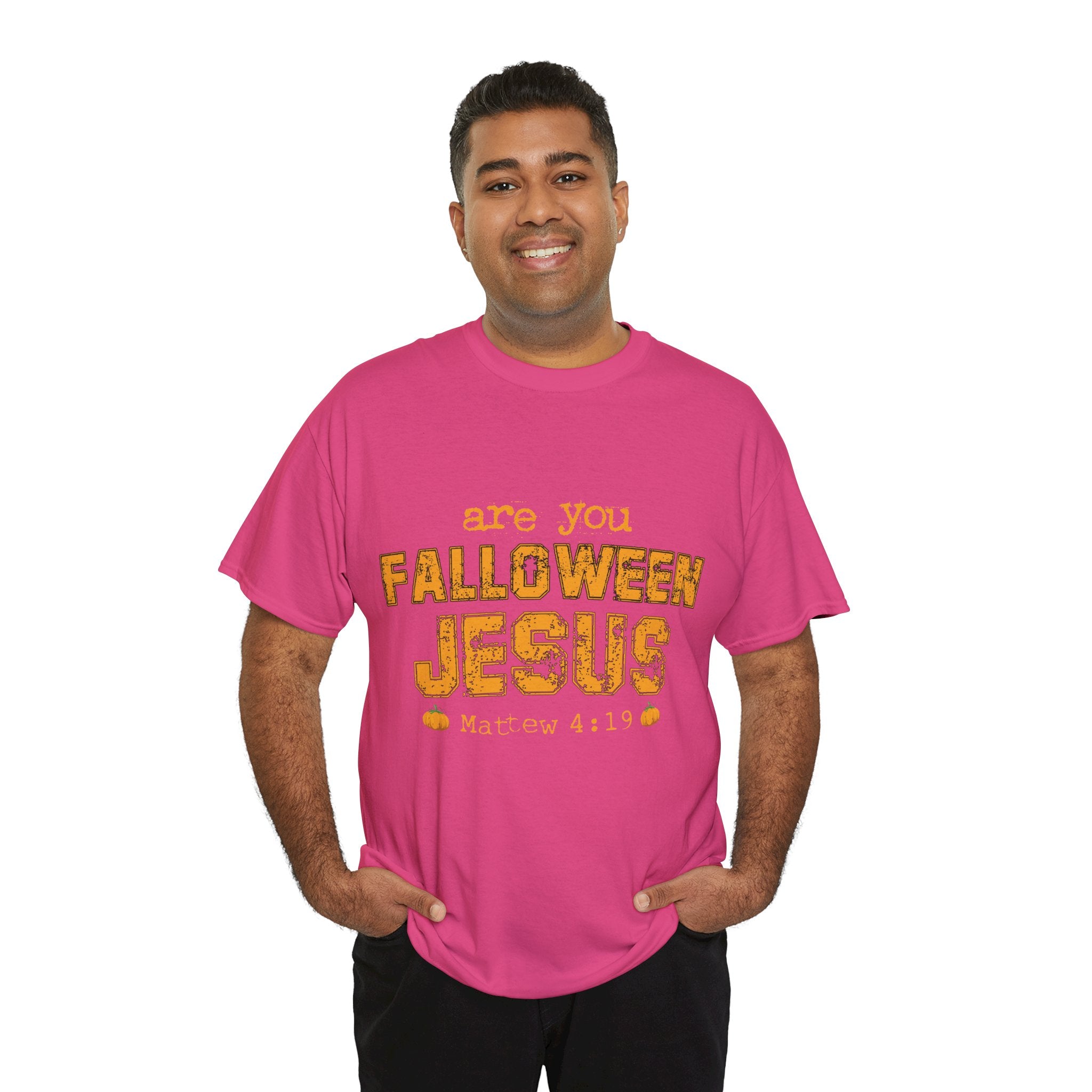 Christian Halloween T-Shirt — “Are You Falloween Jesus? Matthew 4:19” Distressed Pumpkin Design. Unisex Cotton Tee