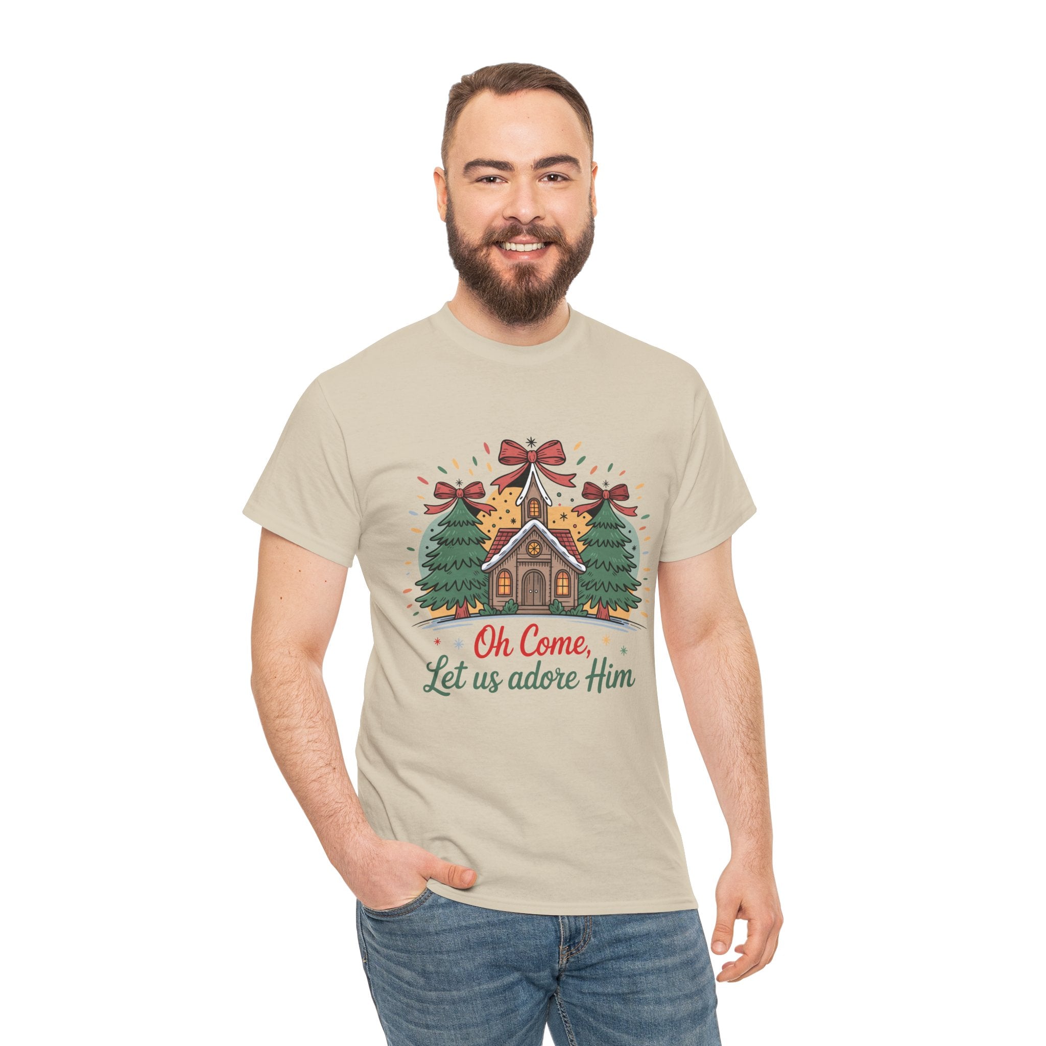 Oh Come Let Us Adore Him Christmas Tee — Church & Trees Holiday Unisex Cotton Tshirt