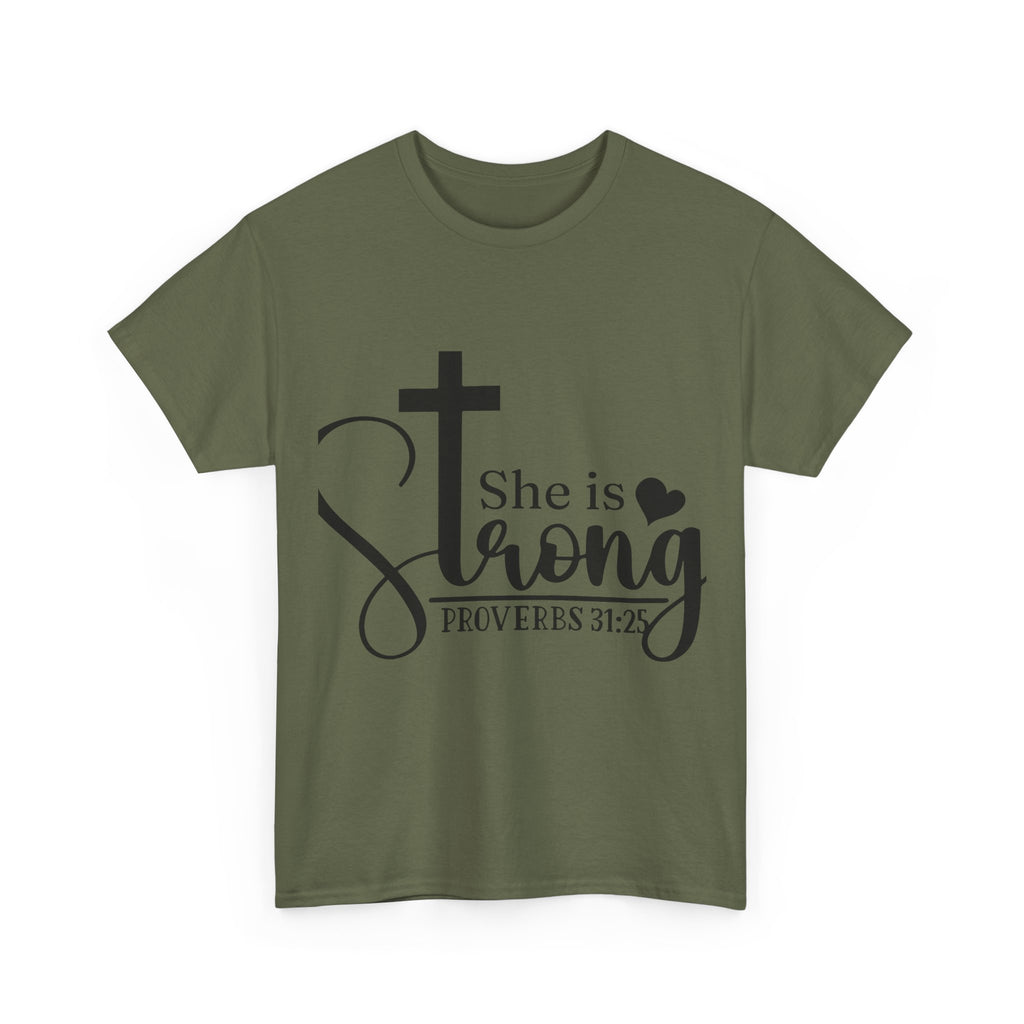 Proverbs 31:25 'She is Strong' T-Shirt – Christian Cross & Heart Unisex Cotton Tee