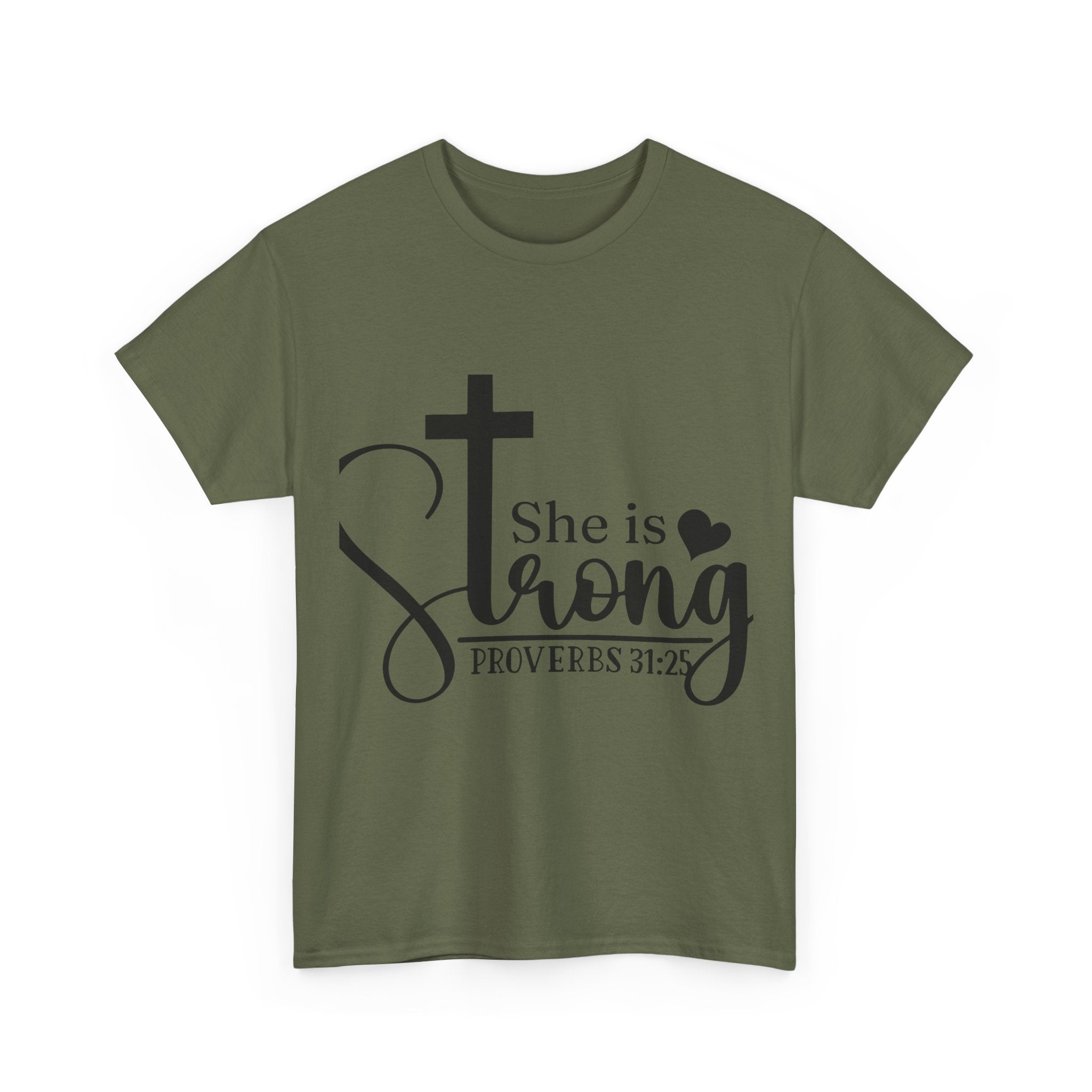 Proverbs 31:25 'She is Strong' T-Shirt – Christian Cross & Heart Unisex Cotton Tee