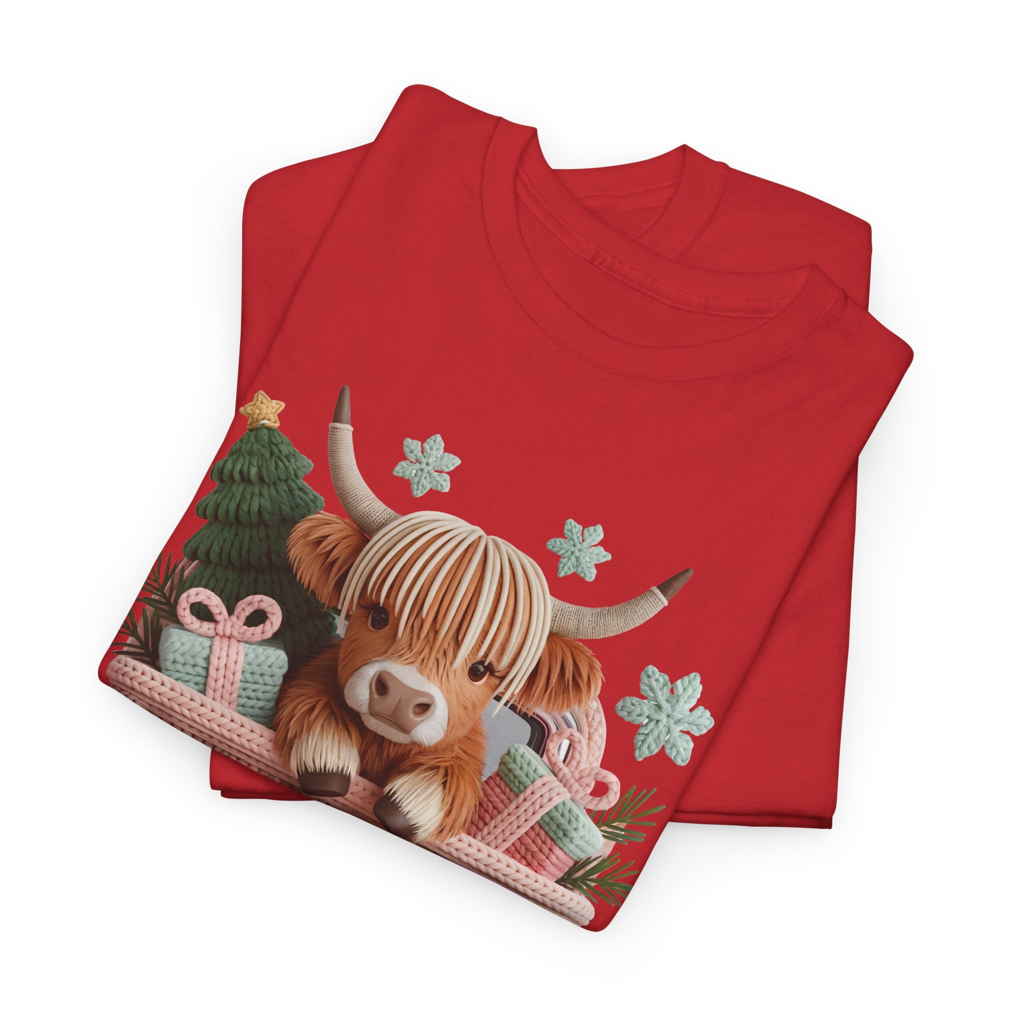 Merry Christmas Highland Cow Knit Truck Unisex Cotton T-Shirt