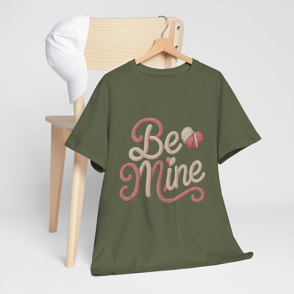 Be Mine Yarn Heart T-Shirt — Valentine’s Faux-Yarn Pink & Cream Unisex Cotton Tee