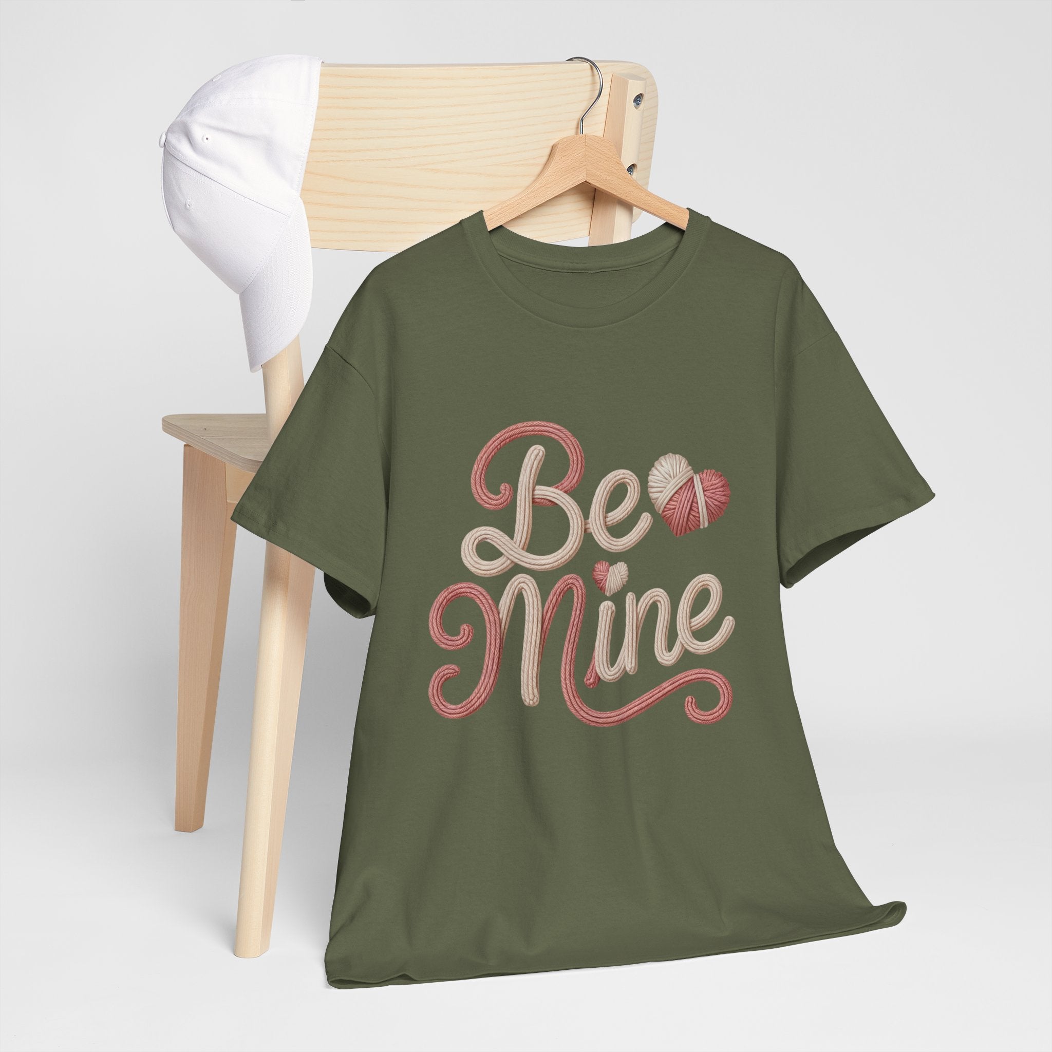 Be Mine Yarn Heart T-Shirt — Valentine’s Faux-Yarn Pink & Cream Unisex Cotton Tee