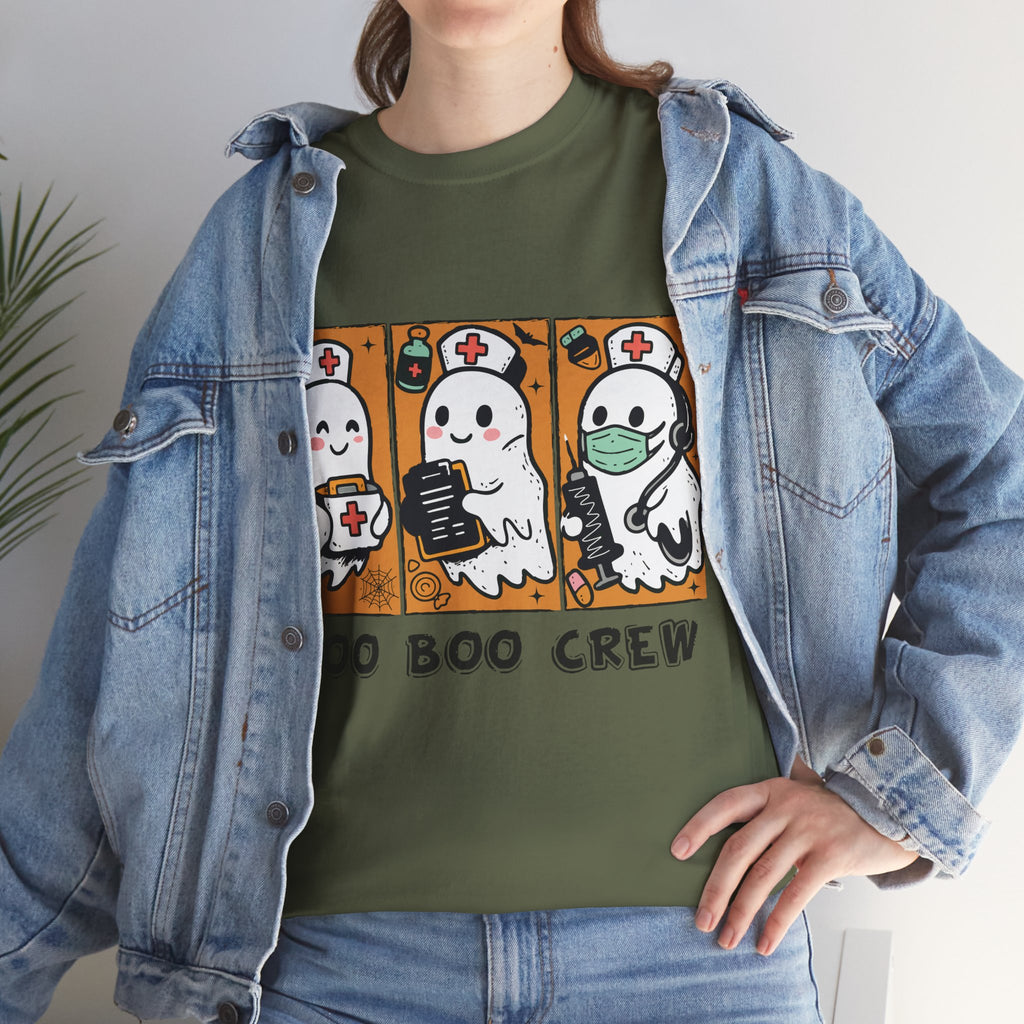Halloween Nurse T-Shirt — Ghost Nurses Holding Medical Tools on Orange Unisec Cotton Tee