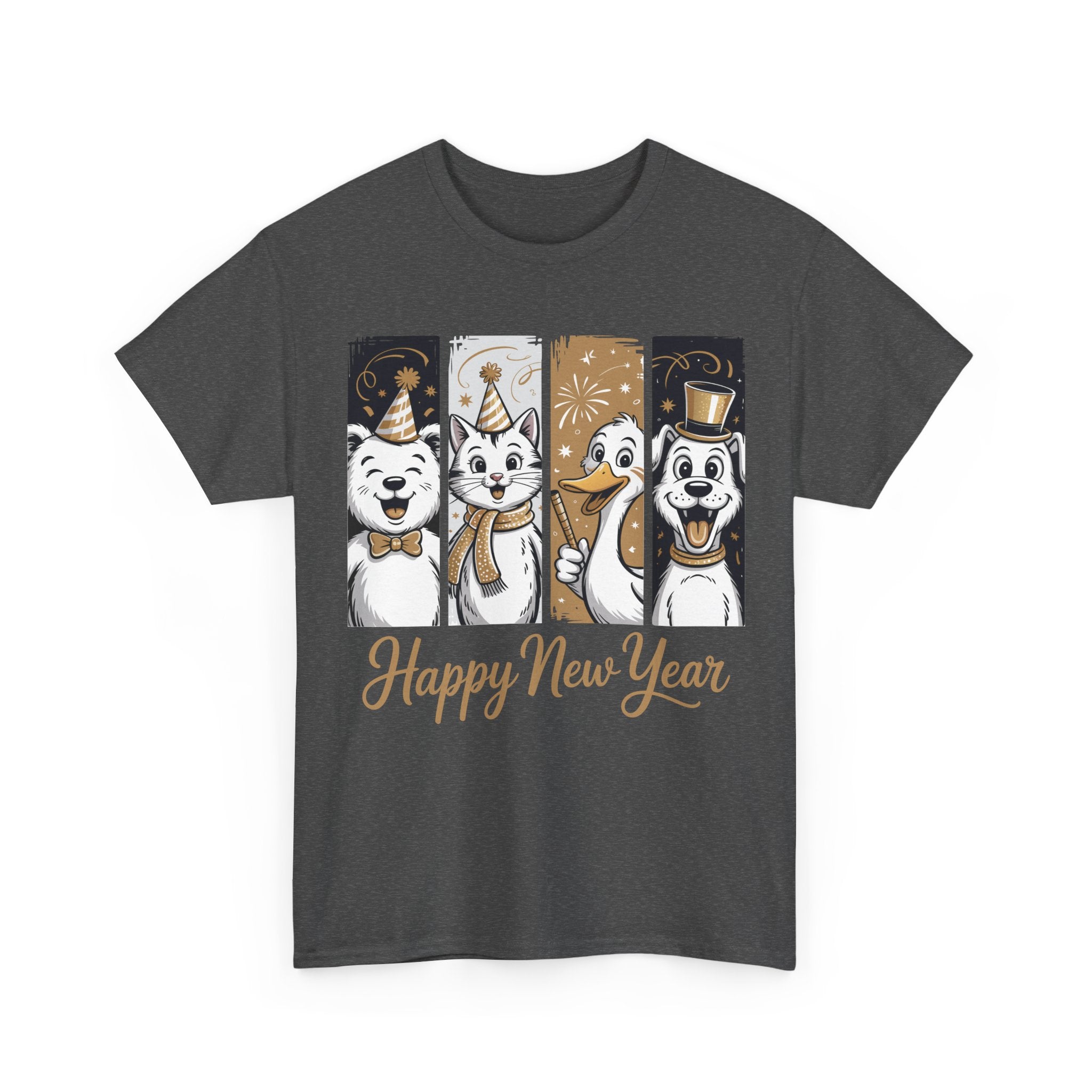 Happy New Year Party Animals T-Shirt — Cute Smiling Animals in Party Hats & Gold Fireworks..Unisex Cotton Tee