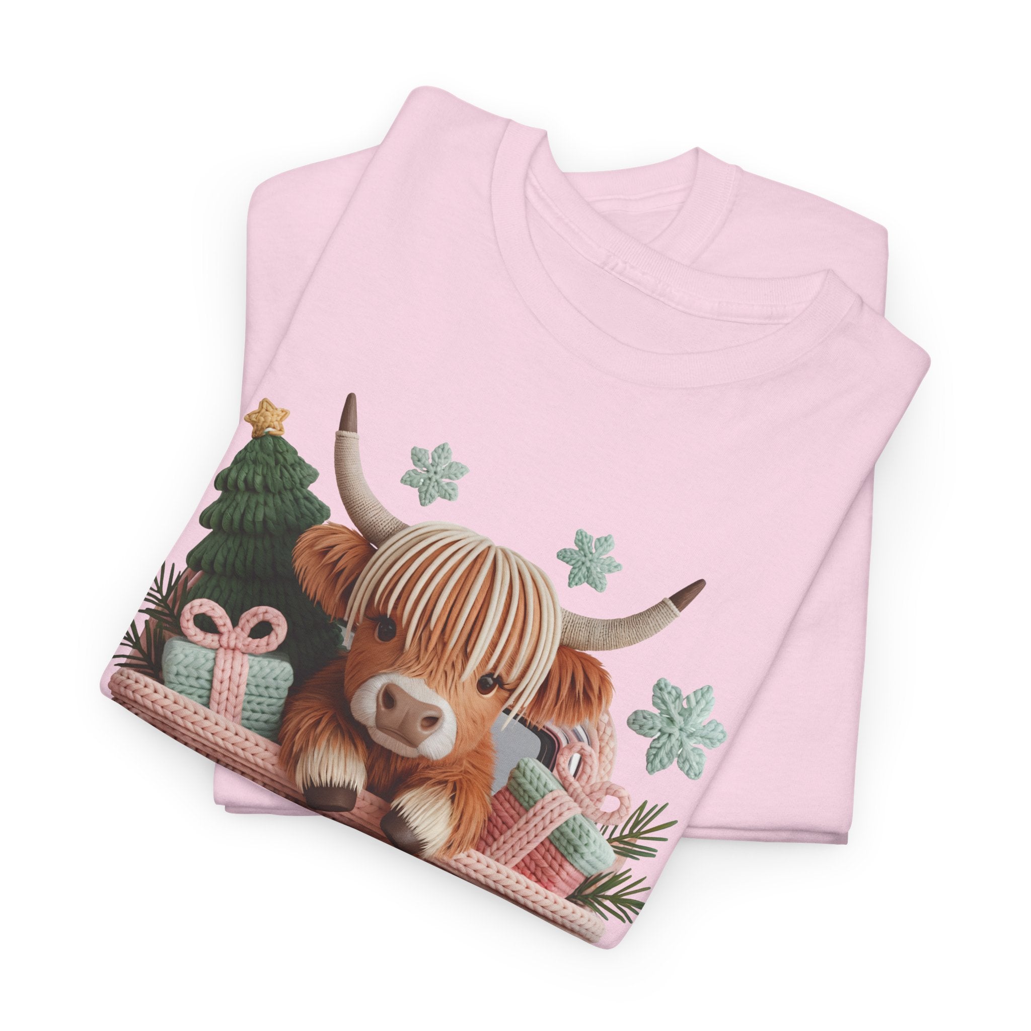 Merry Christmas Highland Cow Knit Truck Unisex Cotton T-Shirt