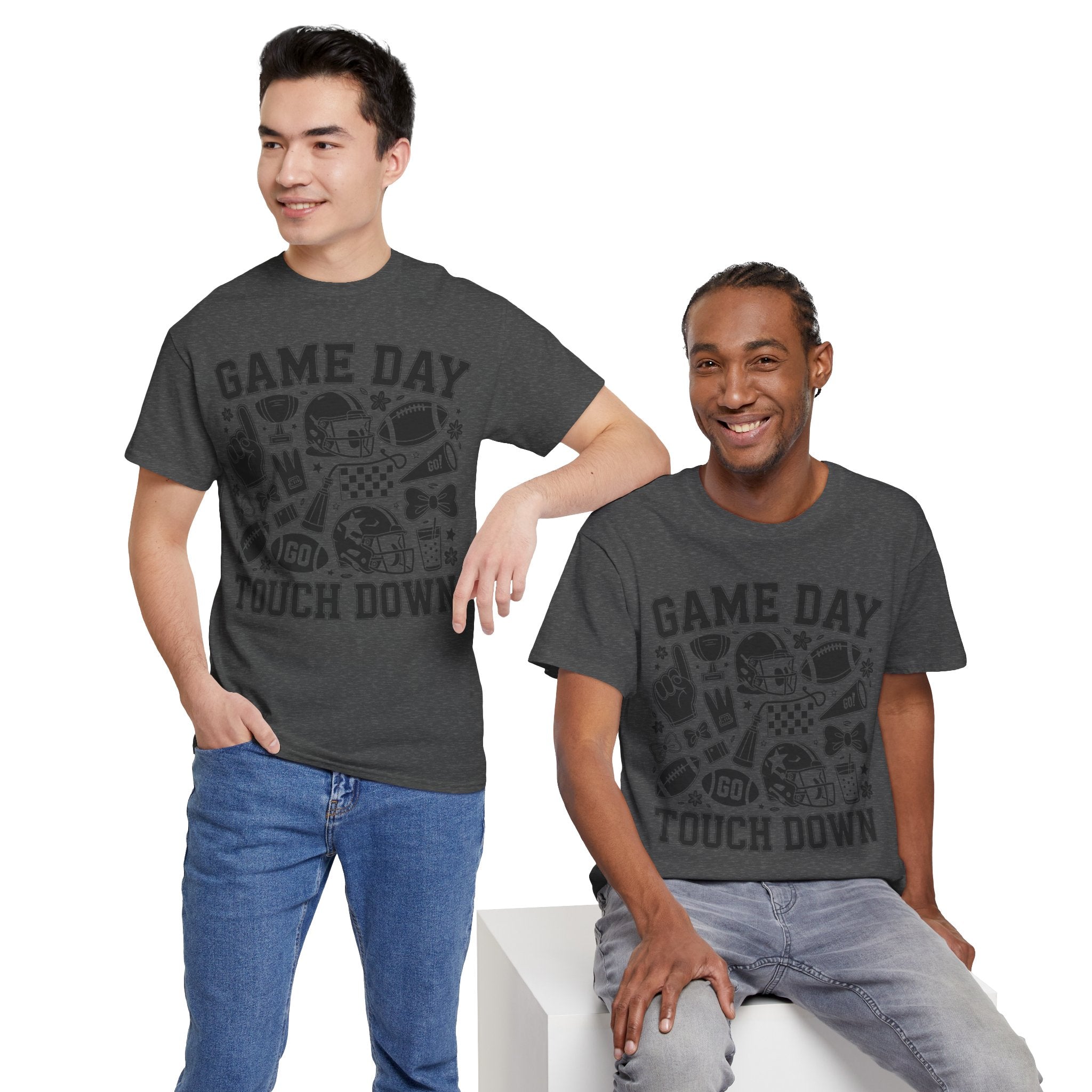 Game Day Touch Down Football T‑Shirt — Helmet & Cheer Monochrome Design Unisex Cotton Tee