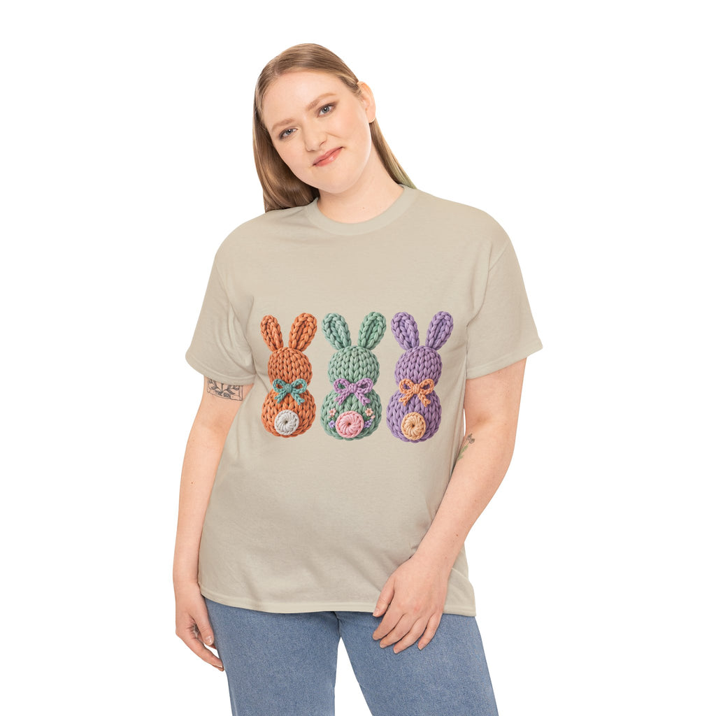 Pastel Crochet Bunny Tee — Trio of Faux Knit Bunnies with Bows & Flowers Unisex Cotton Tee